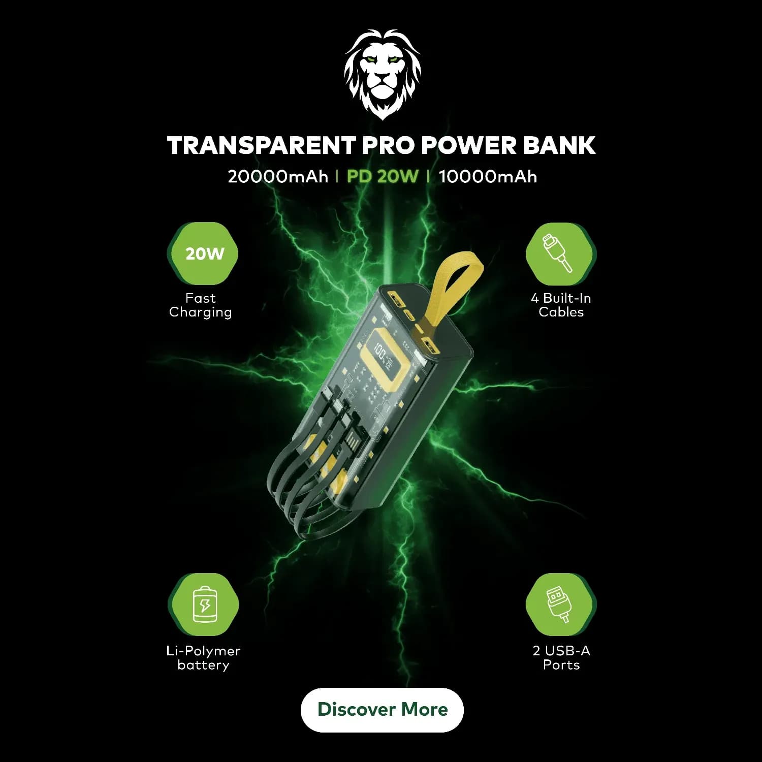 GREEN LION Power Bank Transparent Pro 20000mAh - Built-in Cables, Black/Yellow 2