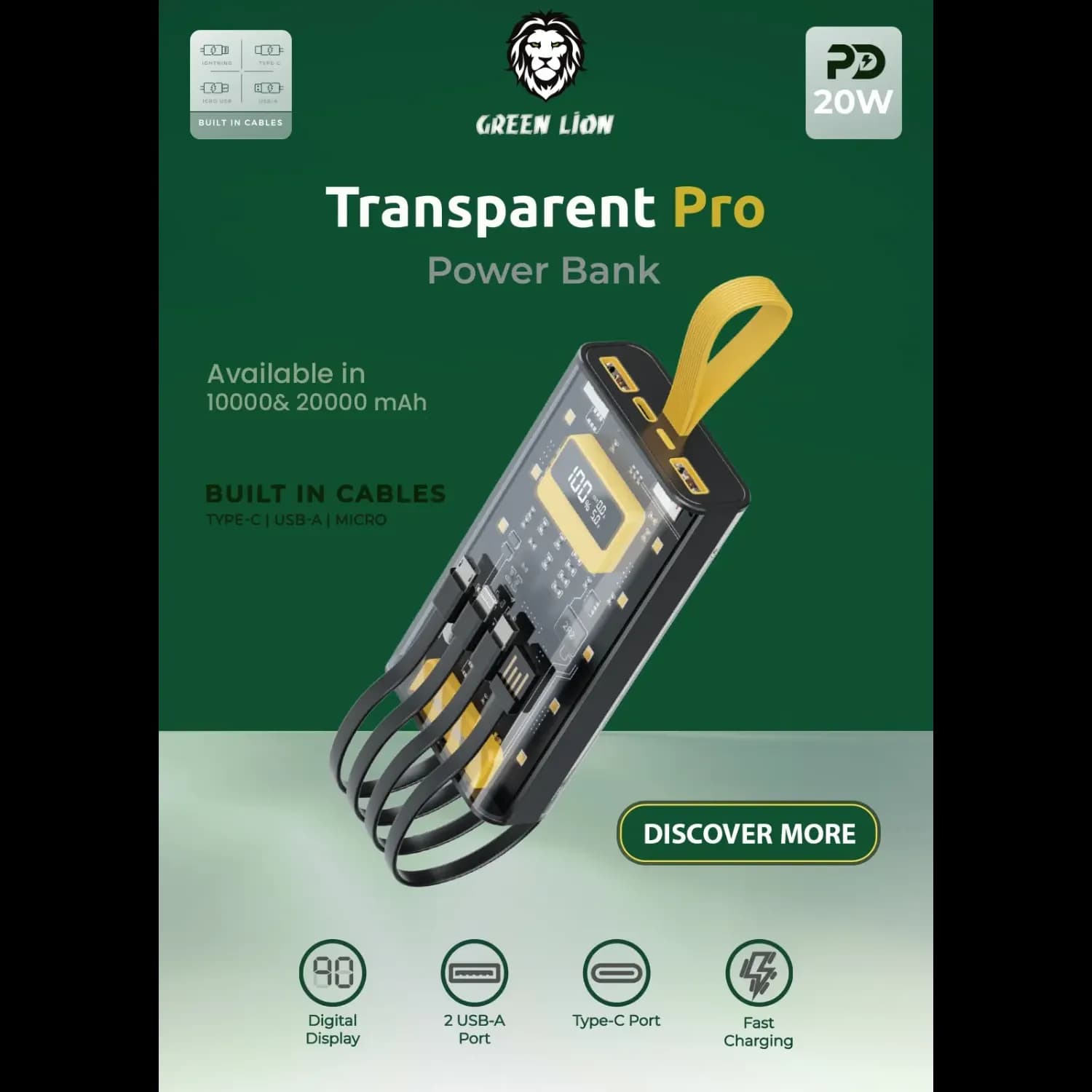 GREEN LION Power Bank Transparent Pro 20000mAh - Built-in Cables, Black/Yellow 3