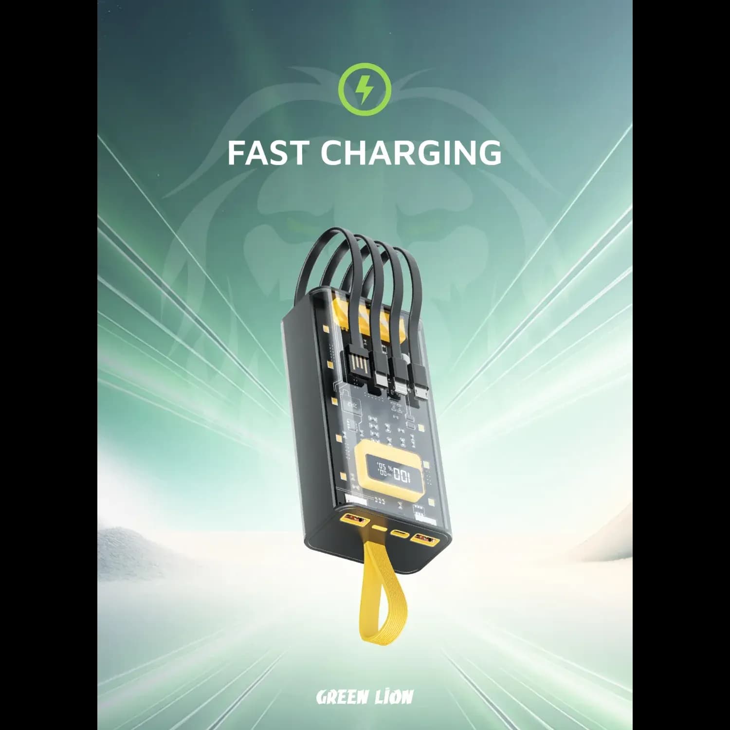 GREEN LION Power Bank Transparent Pro 20000mAh - Built-in Cables, Black/Yellow 4