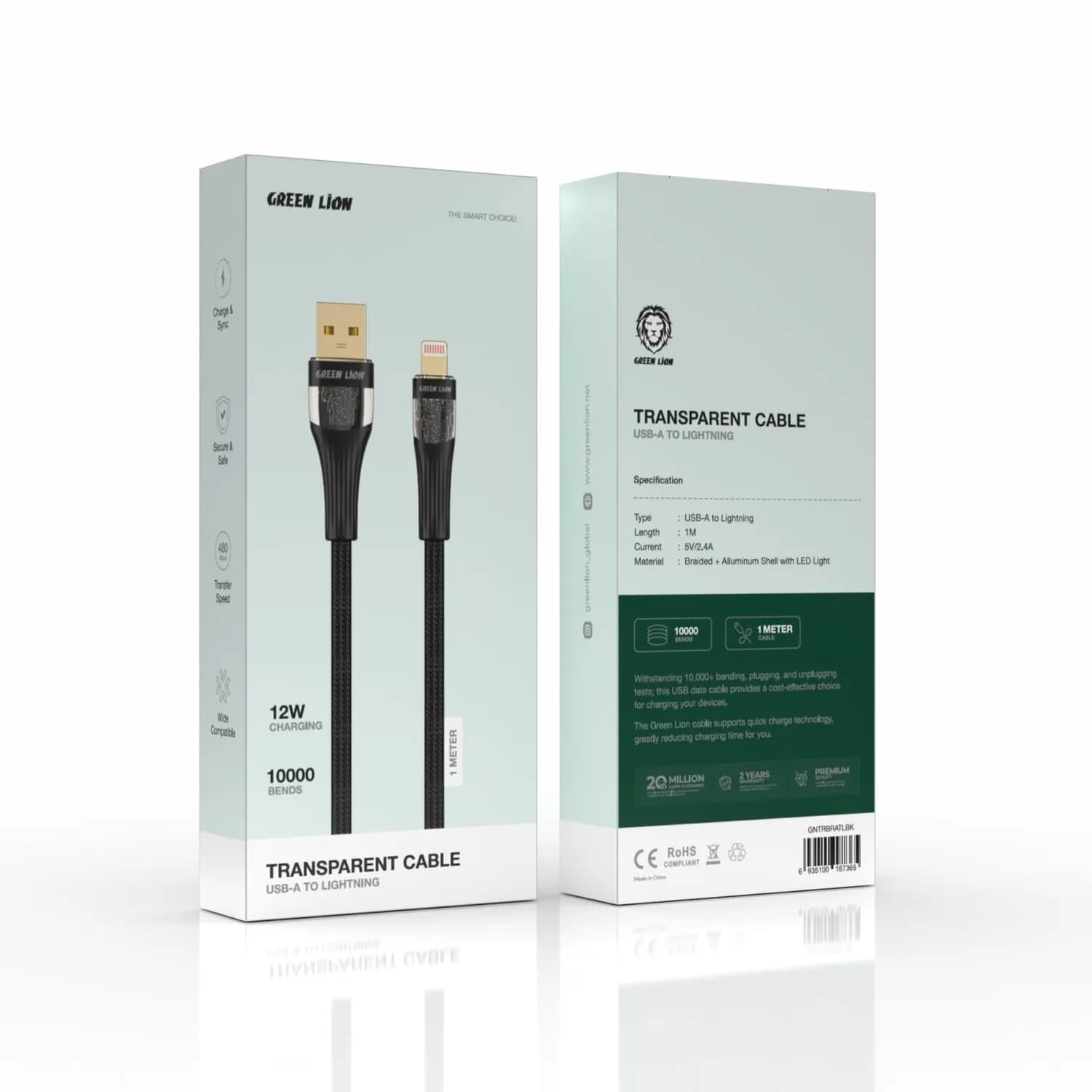 Green Lion Lightning Cable - 1M, LED Indicator, Black 2