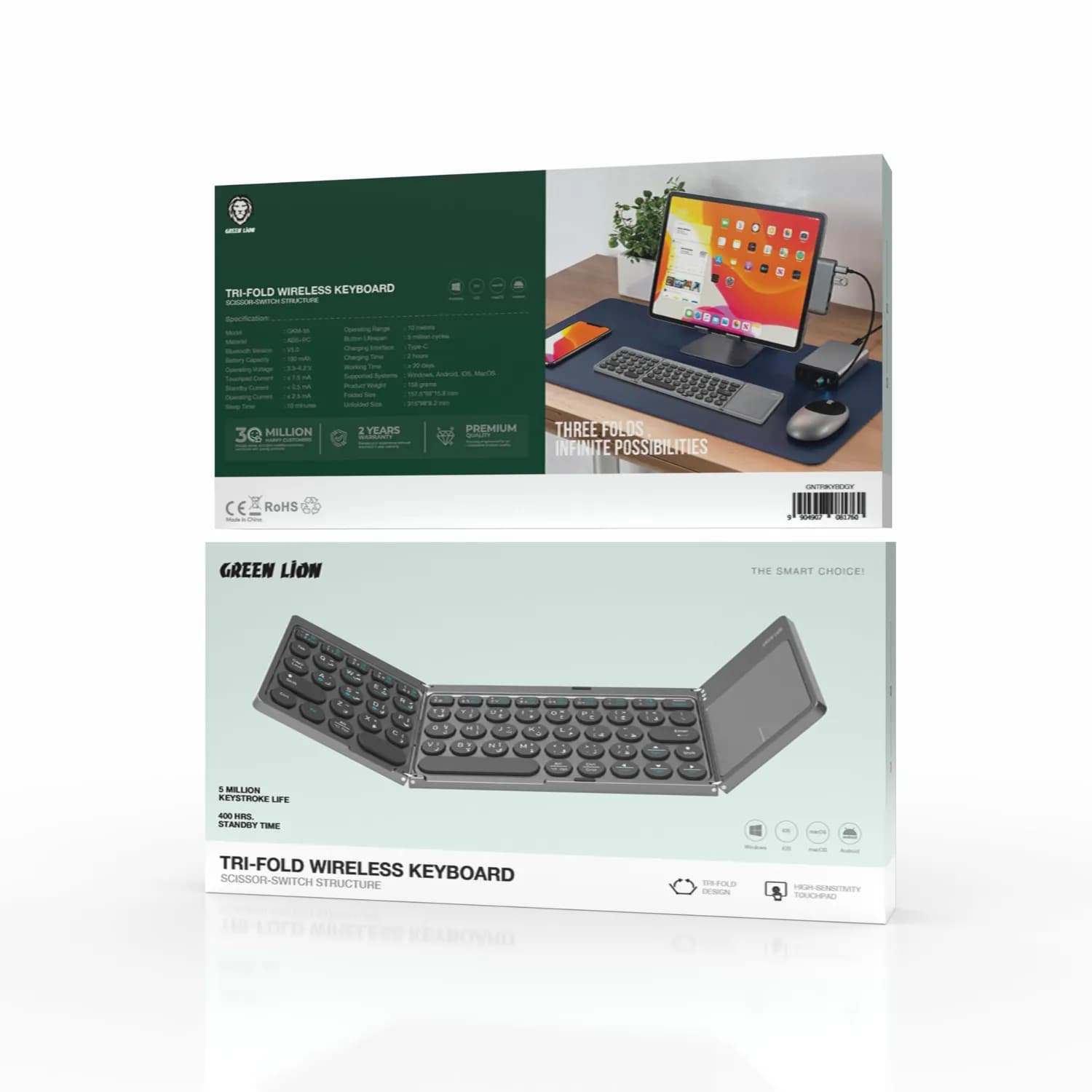 Green Lion Wireless Tri-Fold Keyboard - Arabic & English, Grey 3