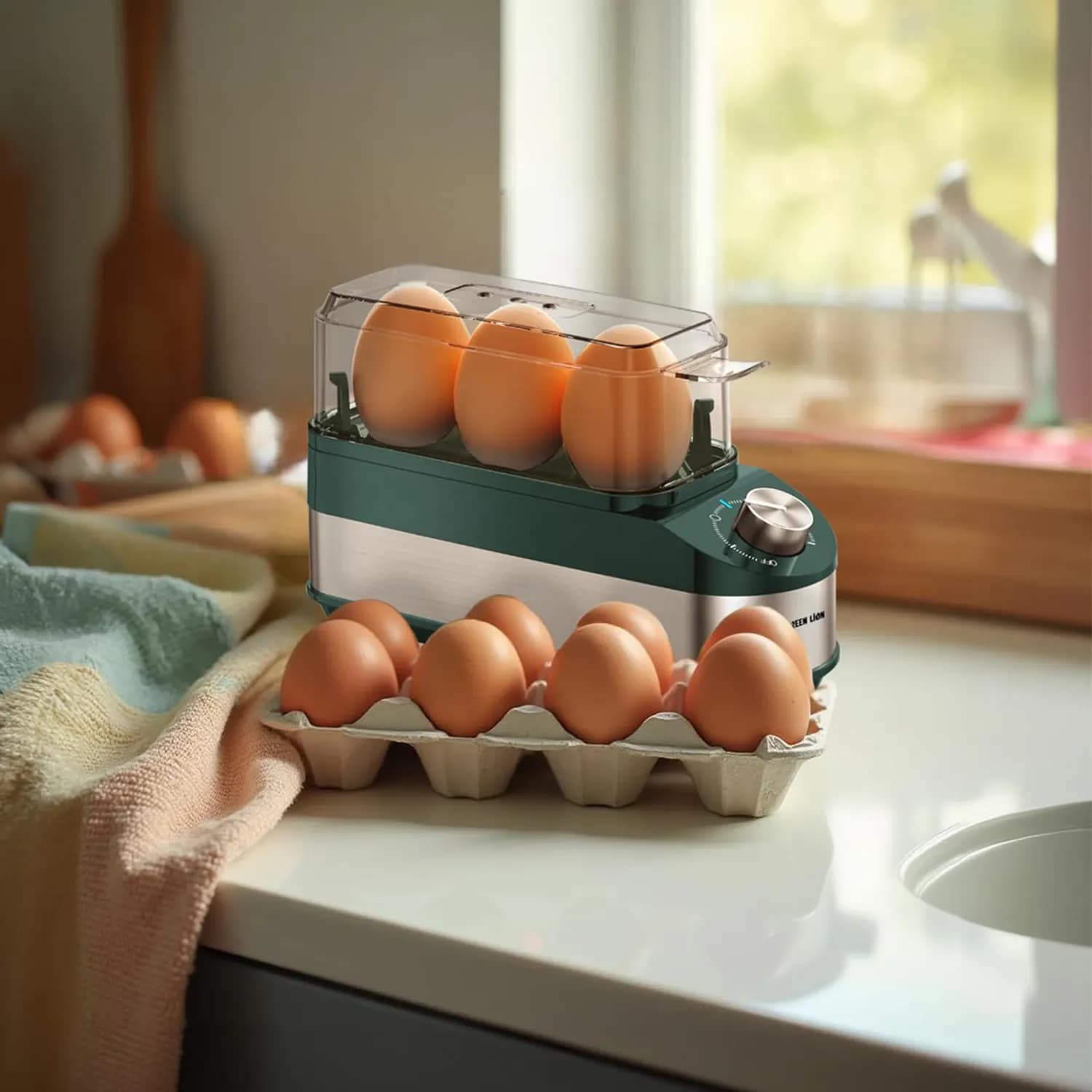 Green Lion Egg Cooker - 3 Eggs, 3-Mode, Green 2