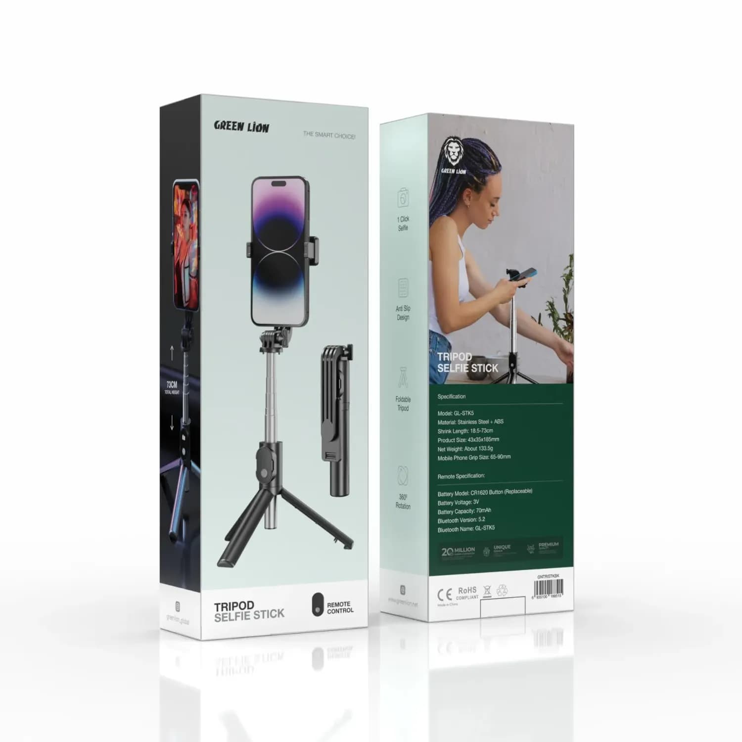 Green Lion Tripod Selfie Stick - Foldable, 360° Rotation, Black 4