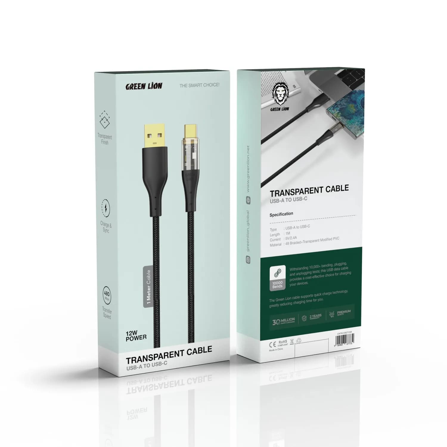 Green Lion USB-A to USB-C Cable - 1M Braided, Black 2