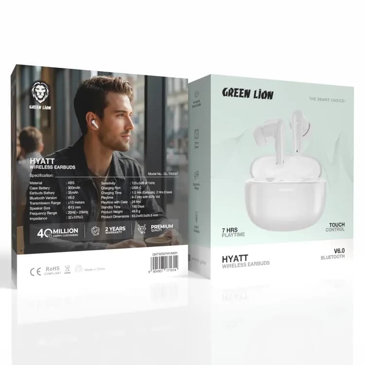 Green Lion Wireless Earbuds - Bluetooth 6.0, White — Black 5
