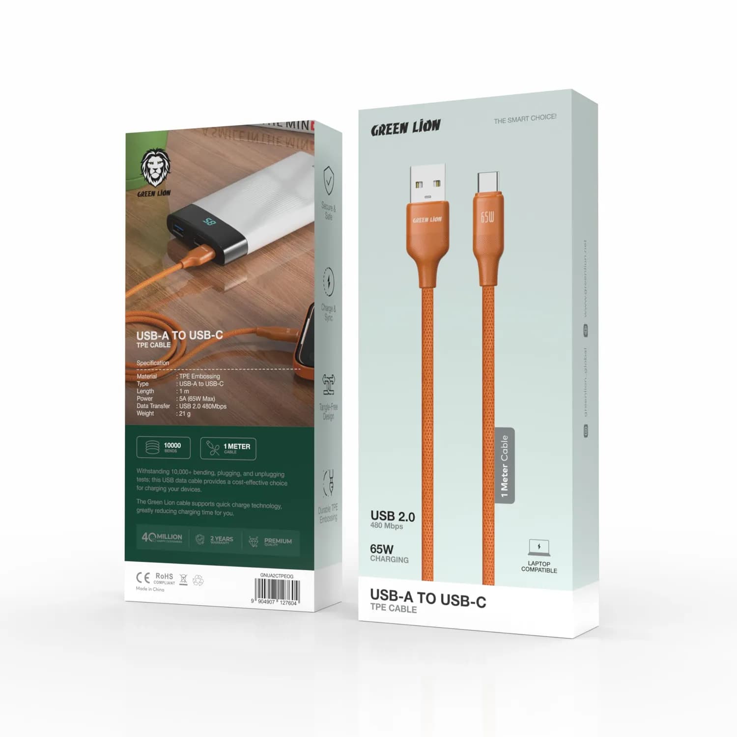 Green Lion USB-A to USB-C Cable - 65W Fast Charging, Orange 3