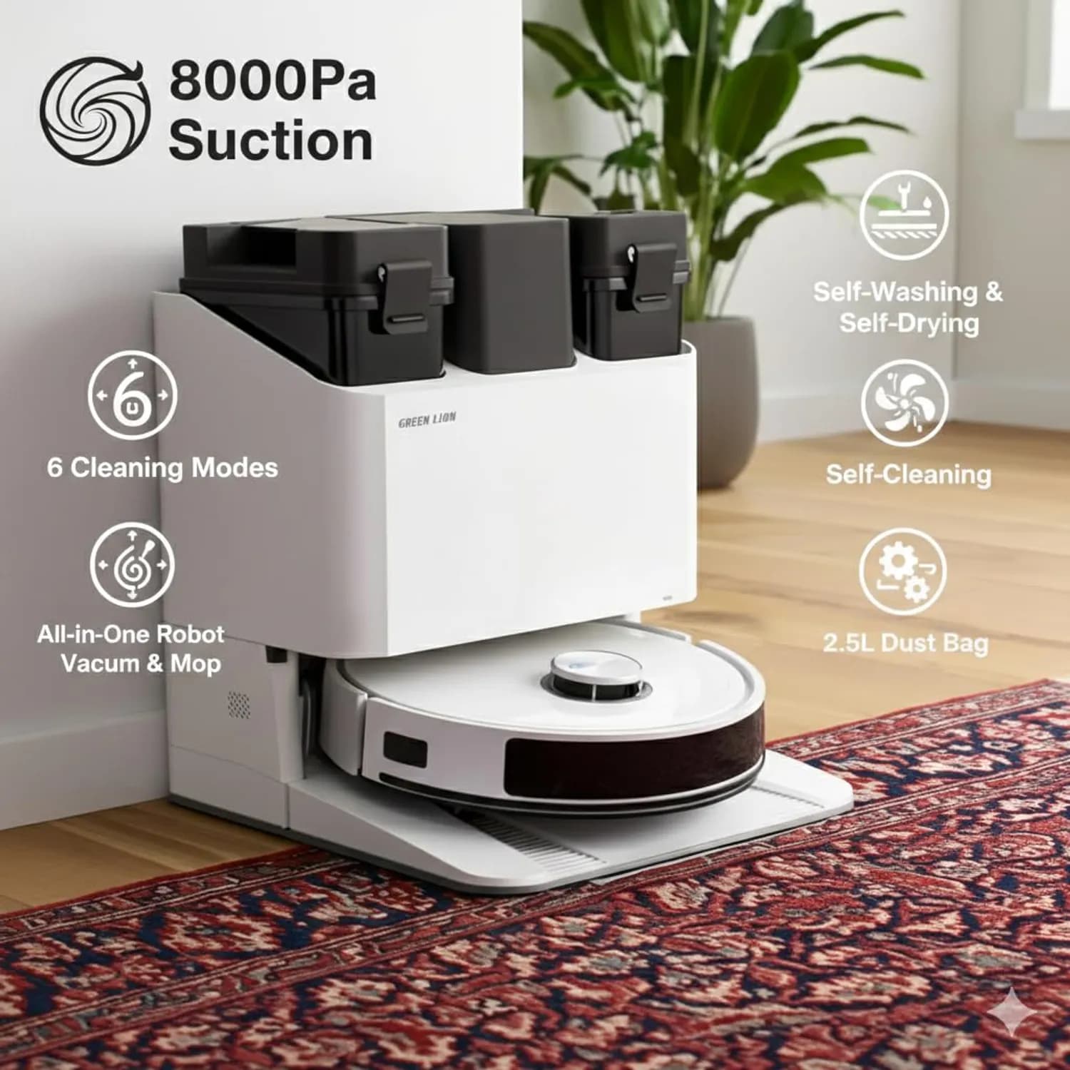 Green Lion Robot Vacuum Ultra Vac - 8000Pa, Auto Empty, White 5