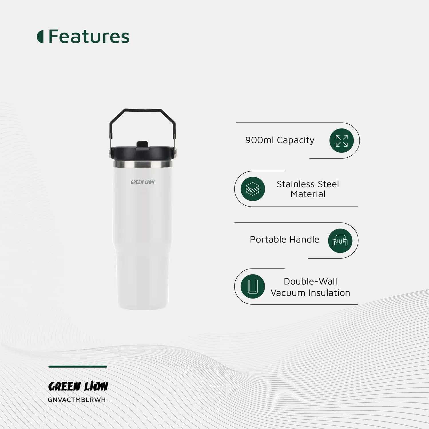 Green Lion Vacuum Tumbler - 900ml Double-Wall, White — Black 6
