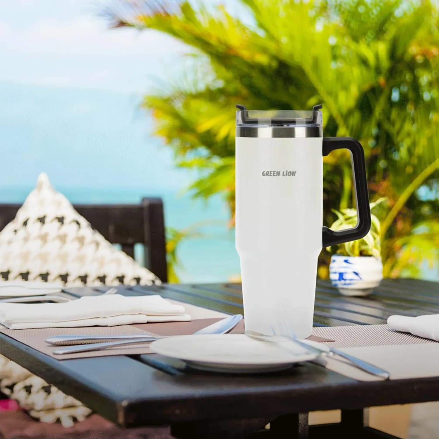 Green Lion Vacuum Travel Mug - 900ml Stainless Steel, White — Black 4