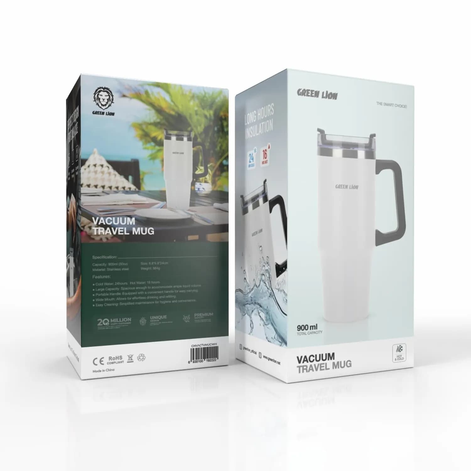 Green Lion Vacuum Travel Mug - 900ml Stainless Steel, White — Black 6