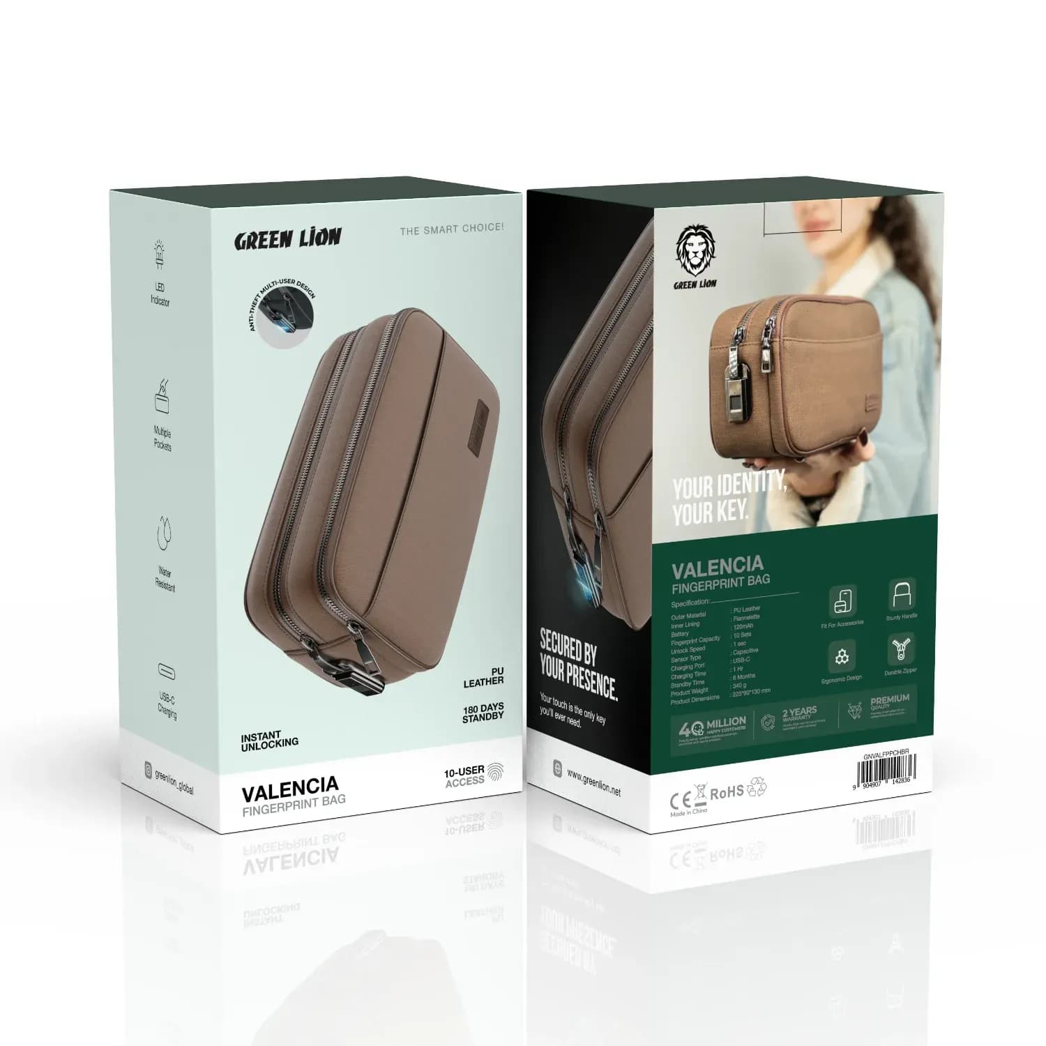 GREEN LION Fingerprint Bag - Ergonomic, Anti-Theft, Brown — Brown 3