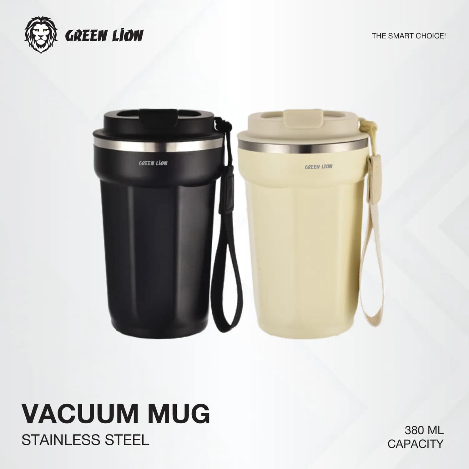 Green Lion Vacuum Mug - 380ml Double-Wall Insulated, Black — Beige 3