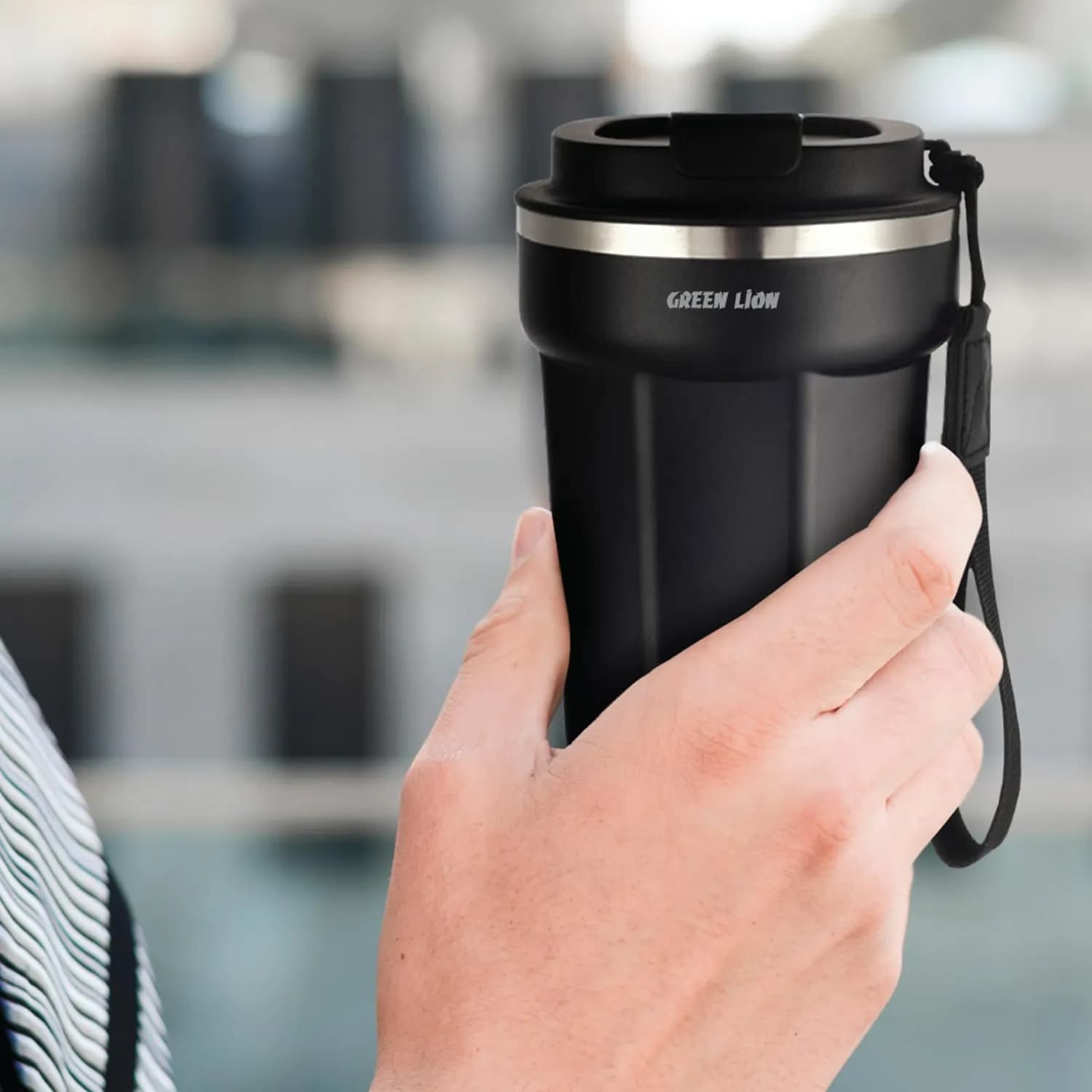 Green Lion Vacuum Mug - 380ml Double-Wall Insulated, Black — Beige 6