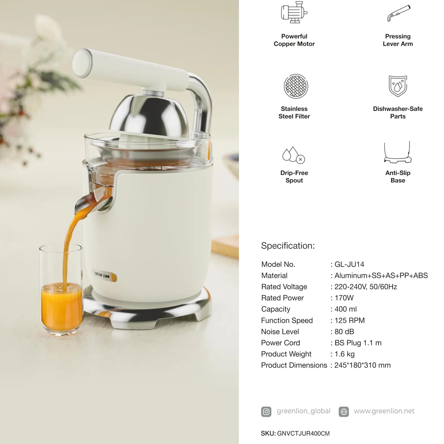 Green Lion Citrus Juicer - 170W Copper Motor, Cream 4
