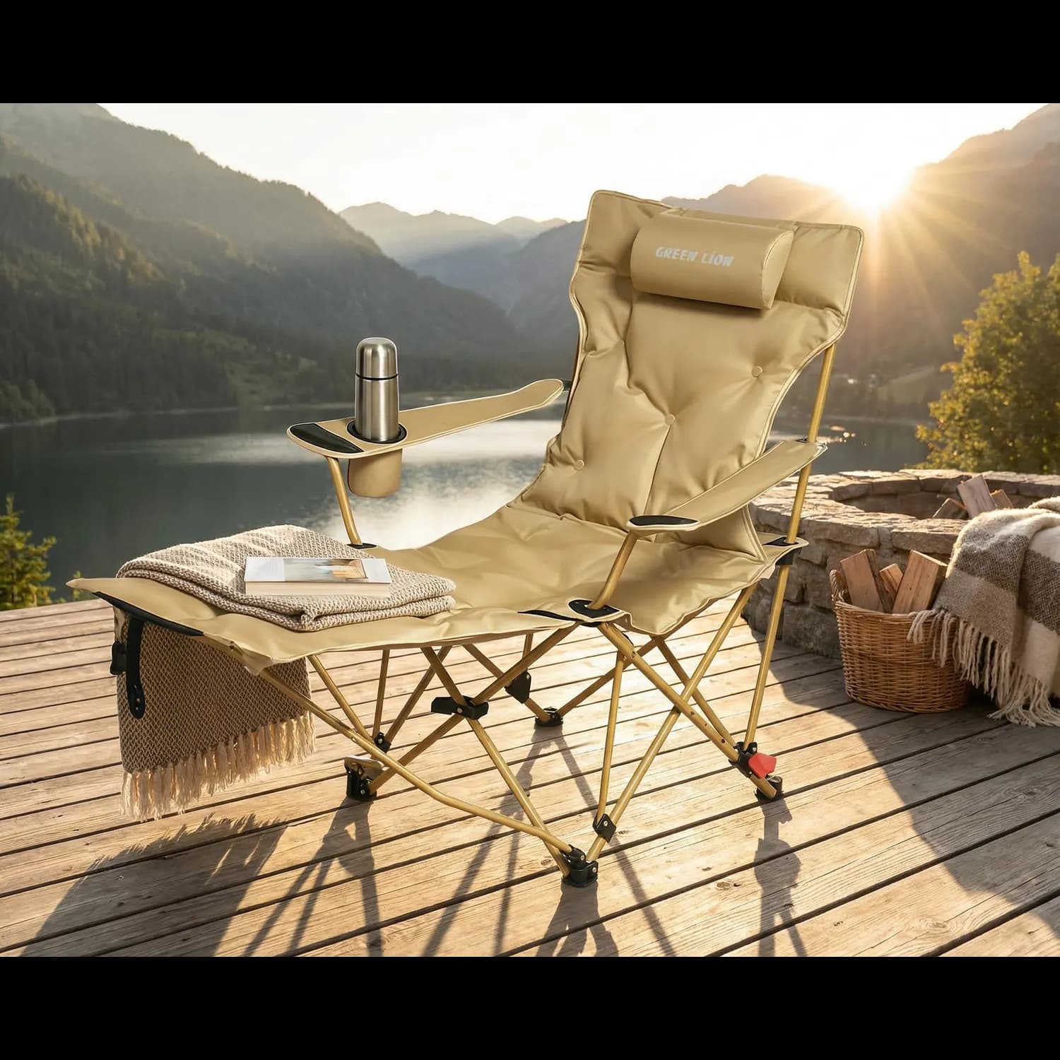 Green Lion Camping Chair Vestro - Folding, Removable Footrest, Beige 4