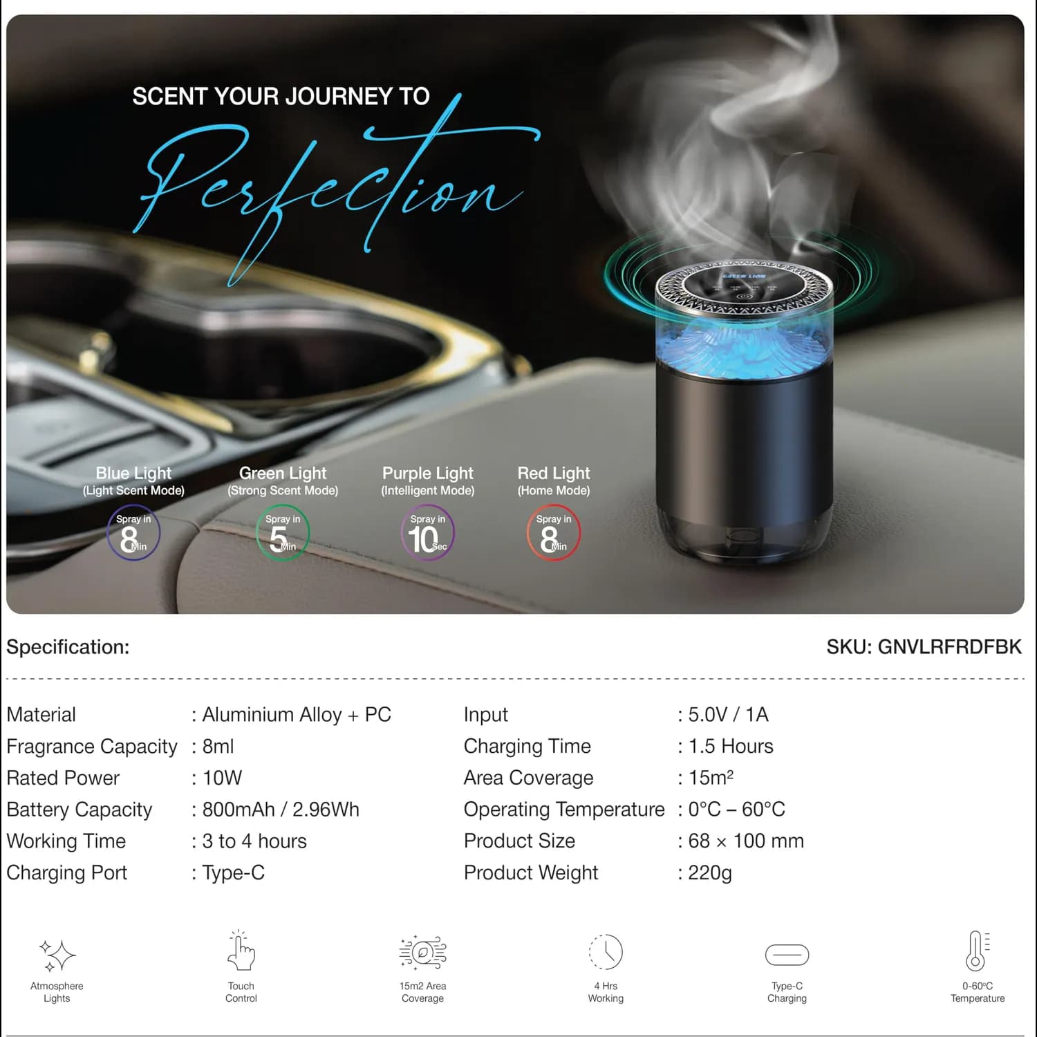 Green Lion Fragrance Diffuser Veloura - 10W, LED Lights, Type-C, Black 5