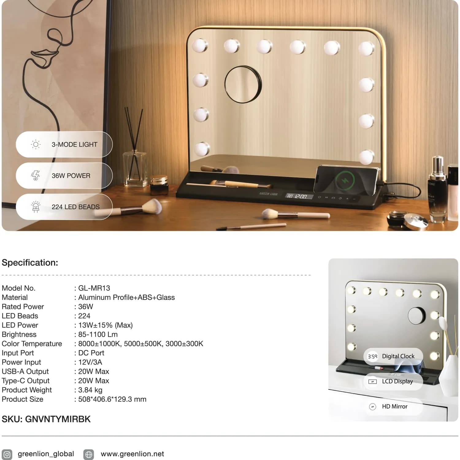 Green Lion Vanity Mirror - 12 LED Bulbs, Digital Clock, Black 2