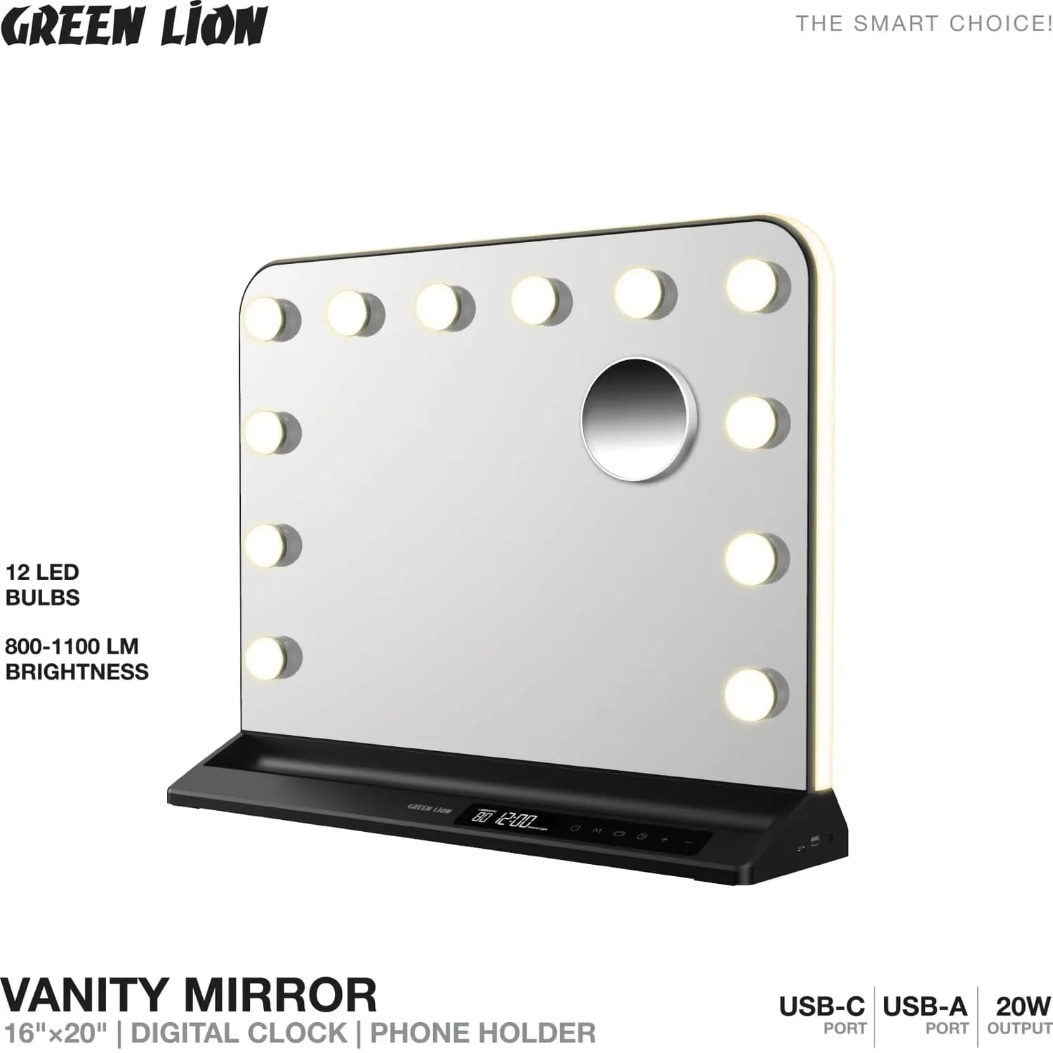 Green Lion Vanity Mirror - 12 LED Bulbs, Digital Clock, Black 3