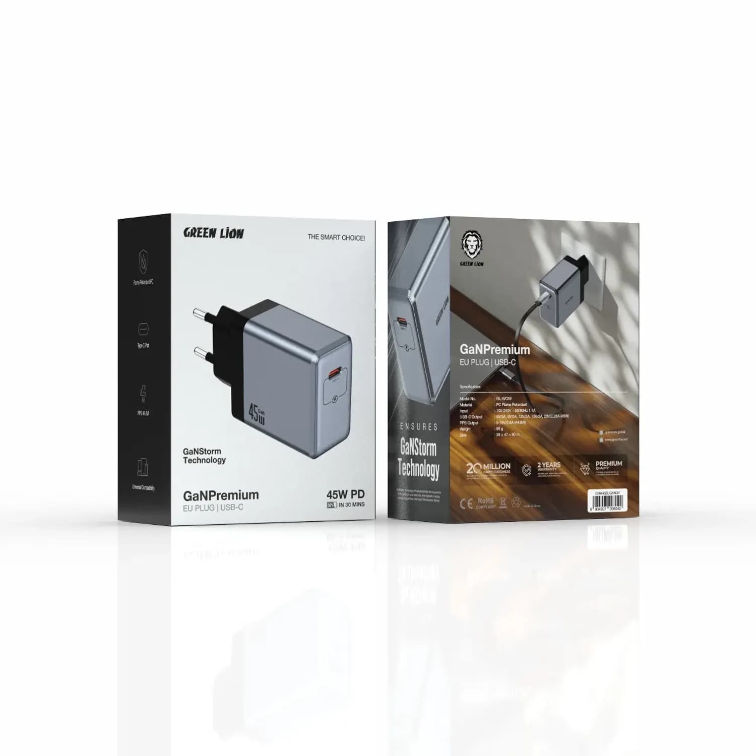 Green Lion Wall Charger - 45W PD, EU Plug, Grey 3