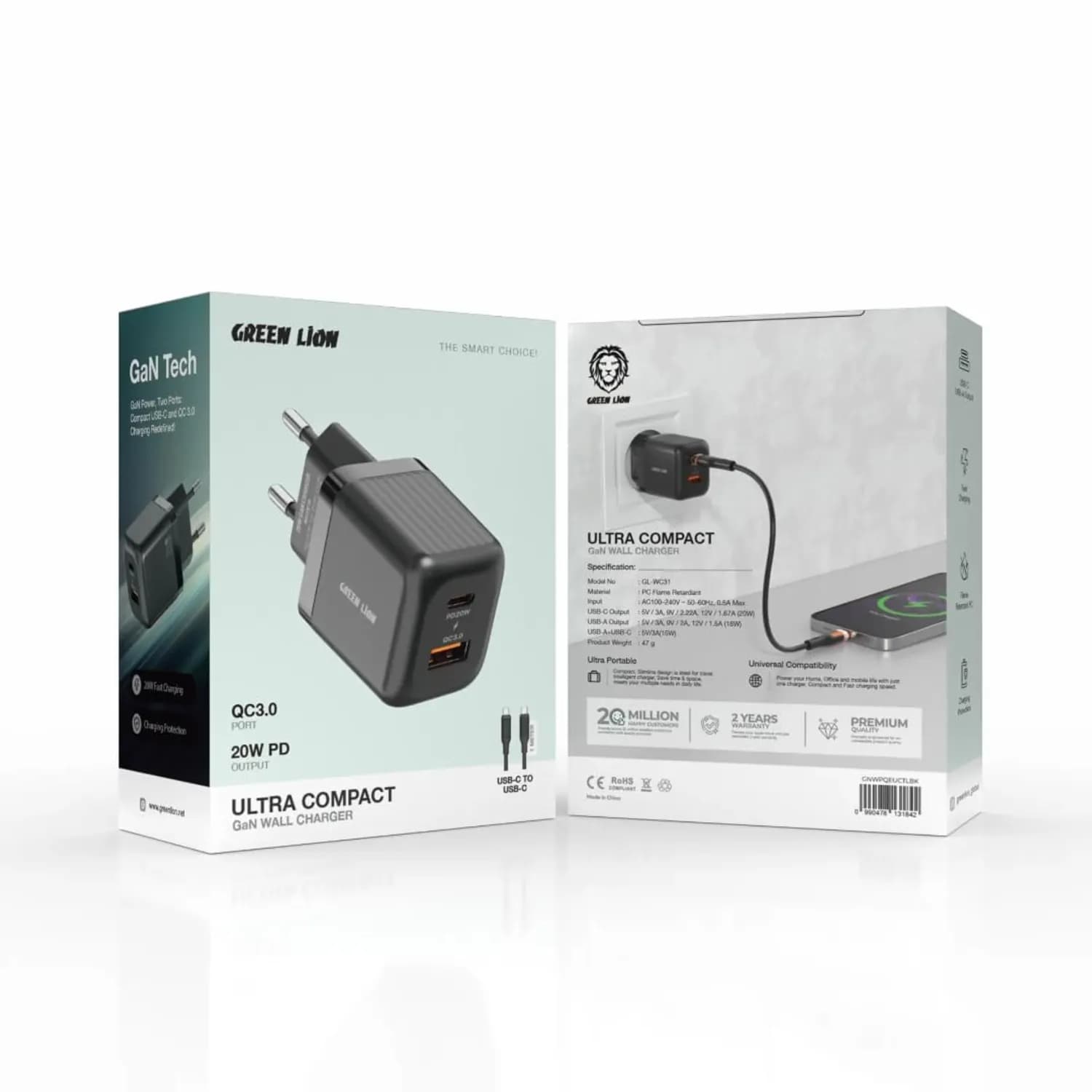 Green Lion GaN Charger - 20W PD, Dual USB, Black 3