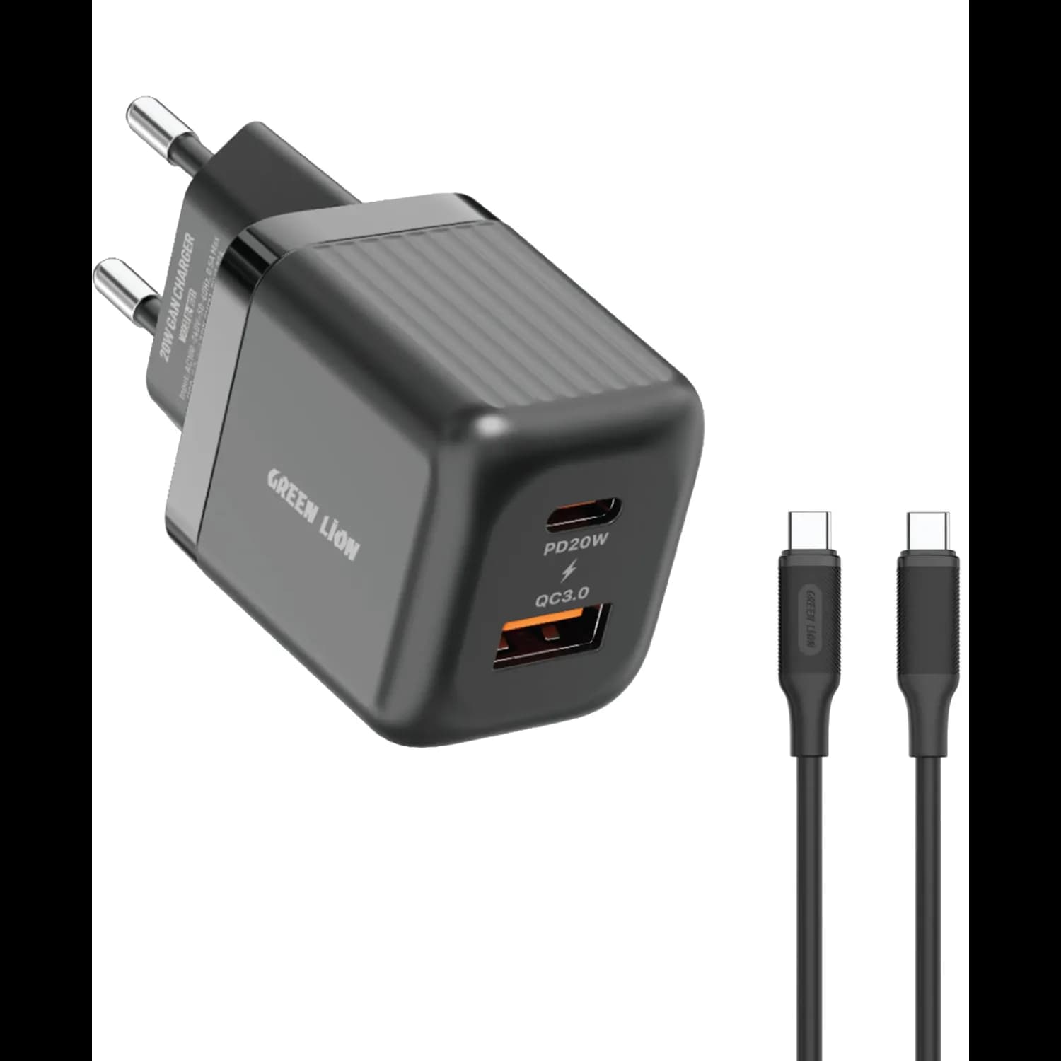 Green Lion GaN Charger - 20W PD, Dual USB, Black 1