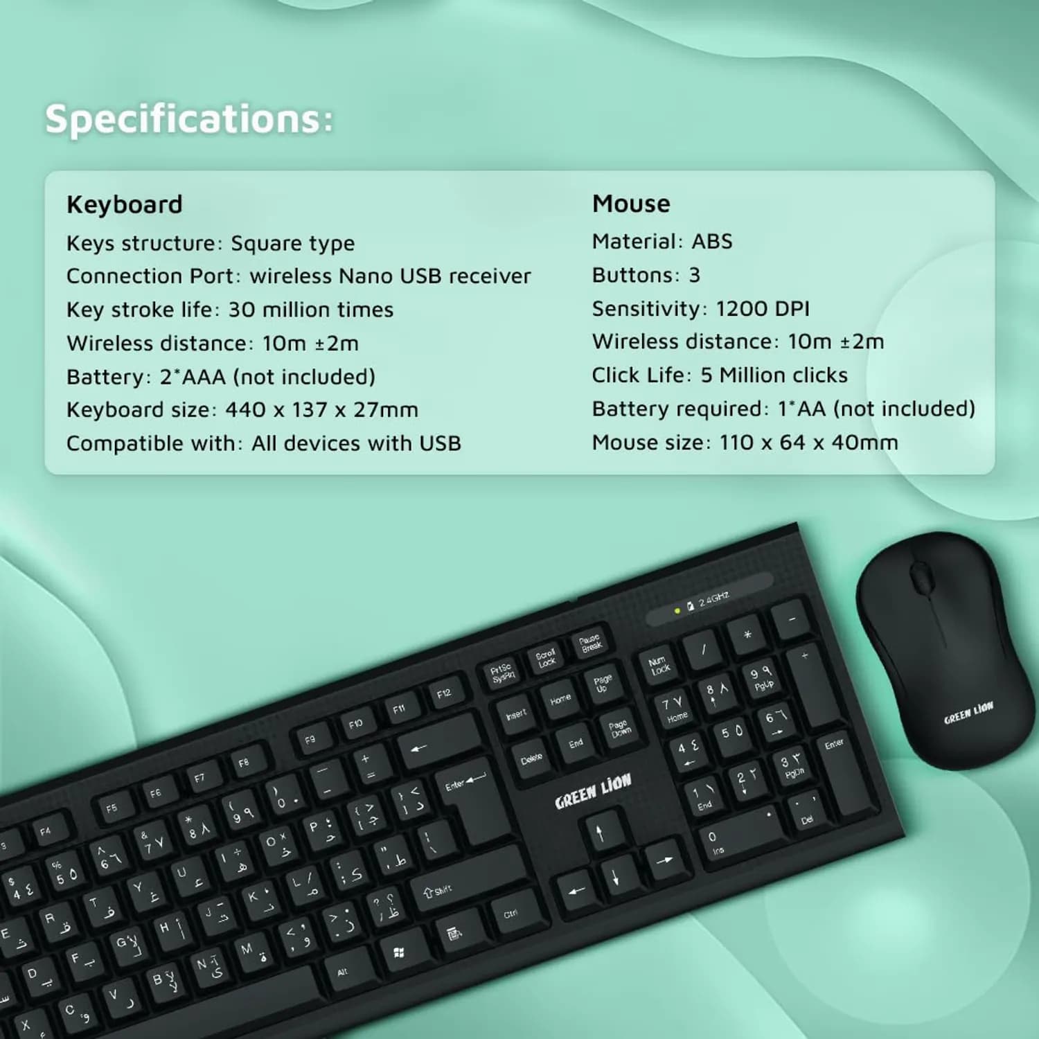 Green Lion Wireless Keyboard & Mouse Duo - Arabic & English, Black 4