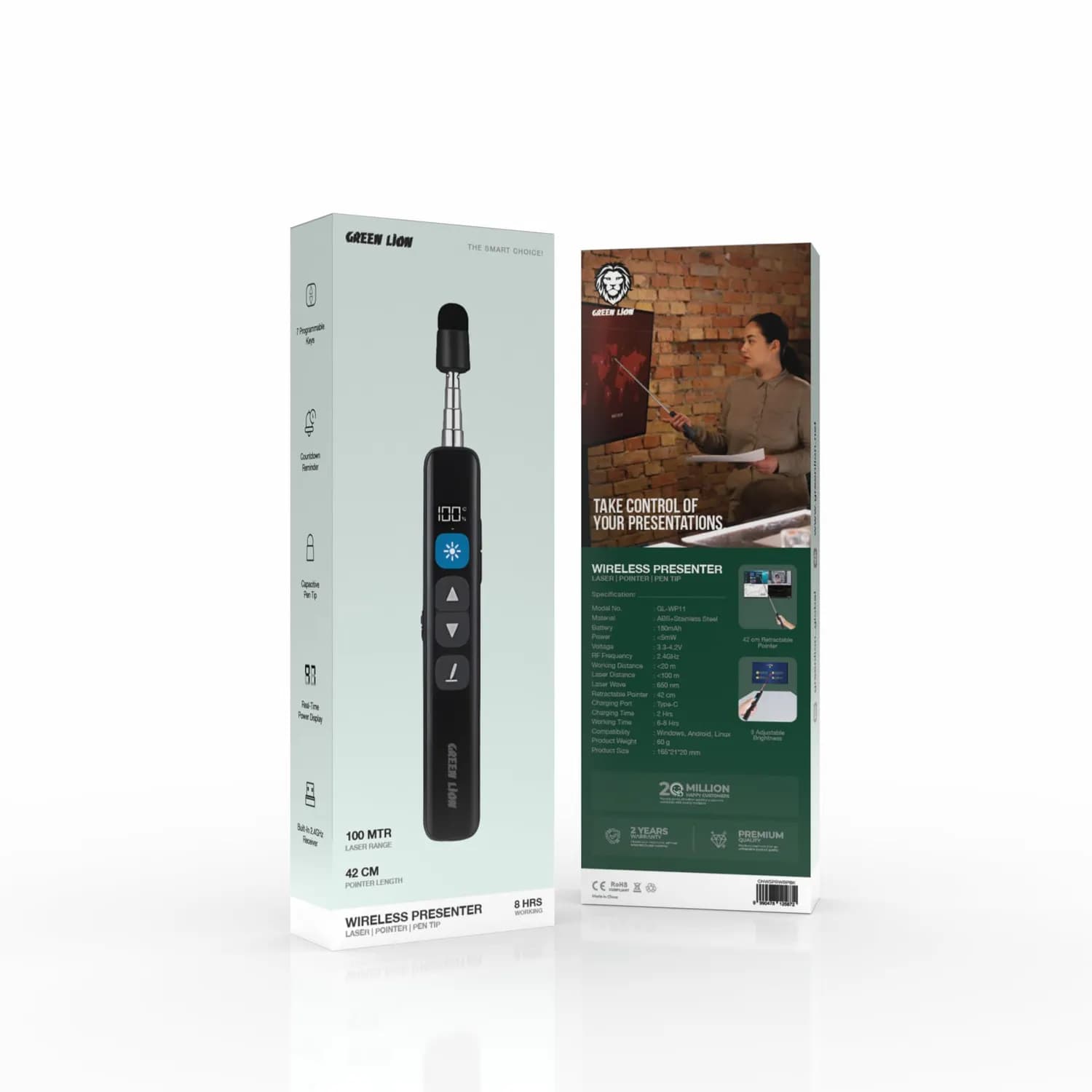 Green Lion Wireless Presenter - Retractable Pointer, Laser, Black 4