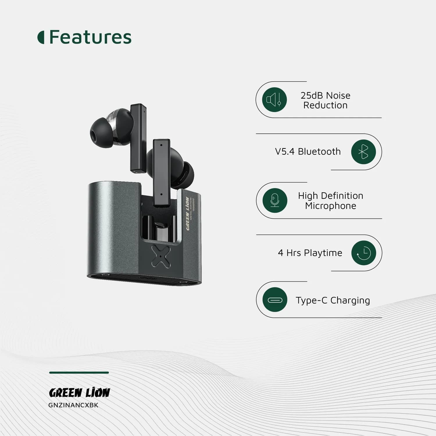 Green Lion Earbuds ZINC X Metal - ANC, Black 2