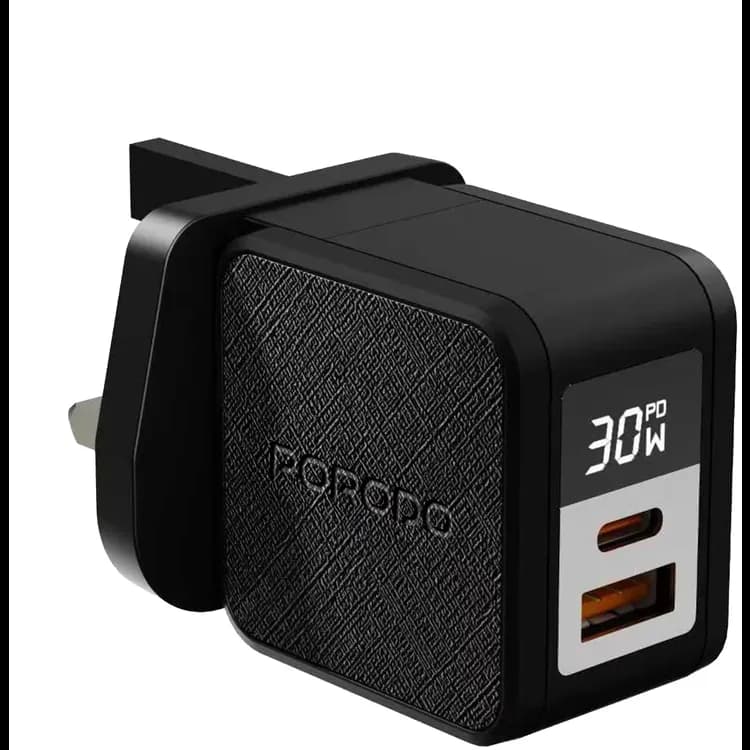 Porodo Charger Quantum GaN 30W + Type-C Cable - Multi-Port, Digital Display, Black — Black Porodo Charger Quantum GaN 30W + Type-C Cable - Multi-Port, Digital Display, Black — Black