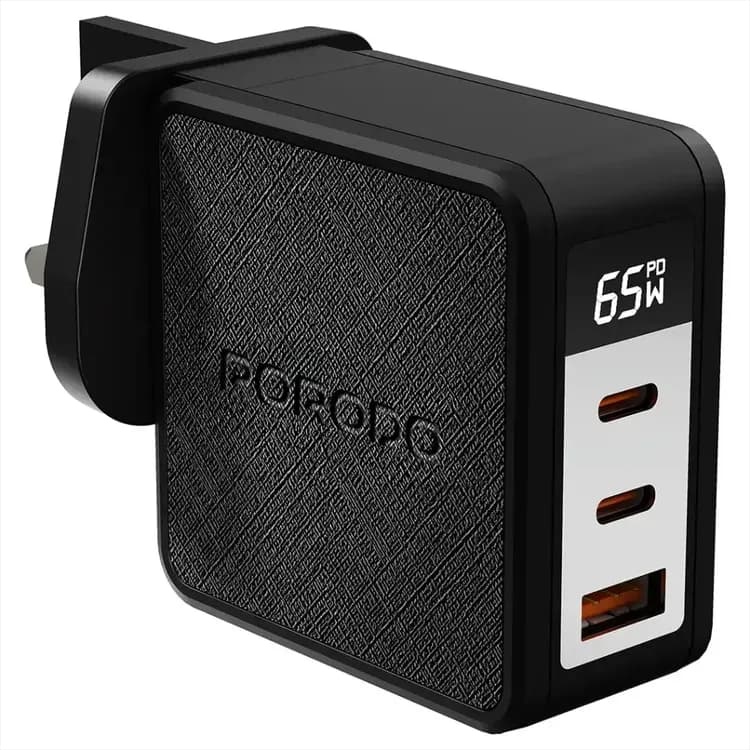 Porodo GaN Charger PDFWCH094BK - 65W, C+C+A Ports, Digital Display, Black Porodo GaN Charger PDFWCH094BK - 65W, C+C+A Ports, Digital Display, Black