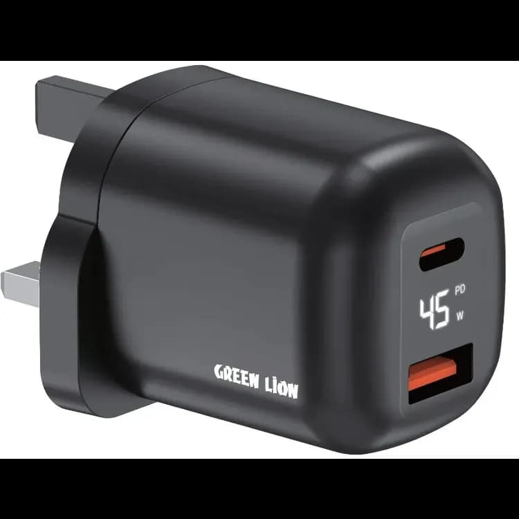 Green Lion Charger Q-Series GNQSPD45WBK - USB-C & USB-A, Black — Black 1