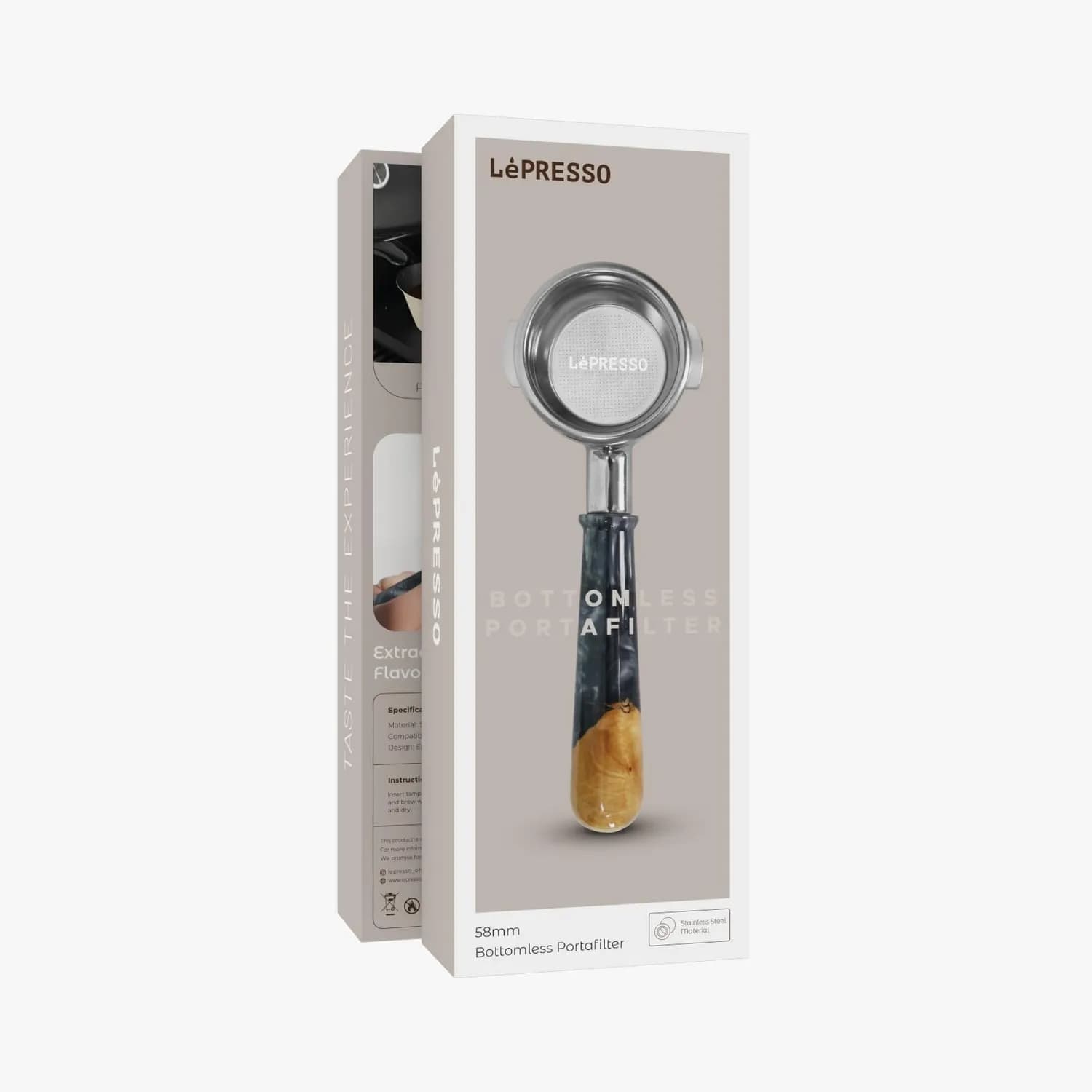LePresso Bottomless Portafilter - 58mm Stainless Steel & Wood, Brown 5
