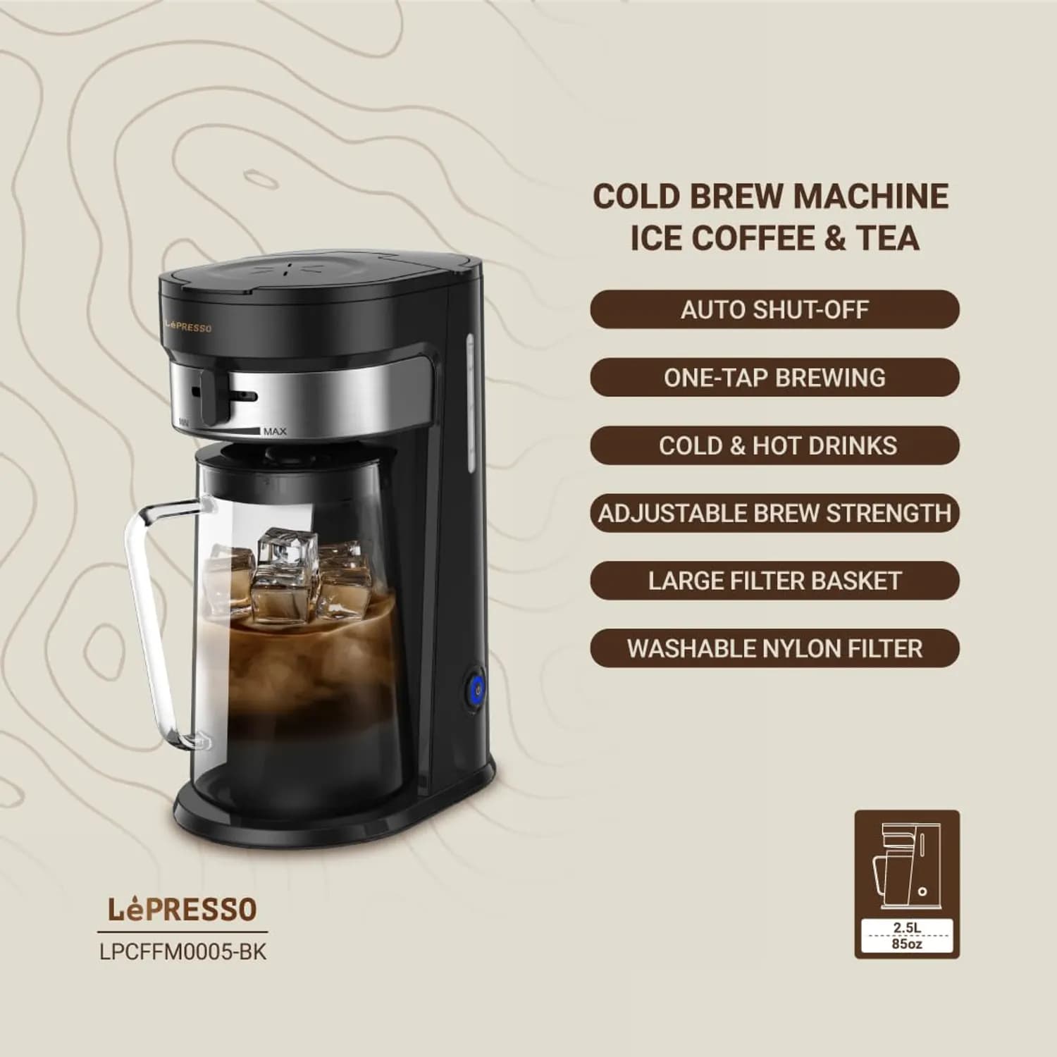 LePresso Cold Brew Coffee Maker - 2.5L, Adjustable Strength, Black 2