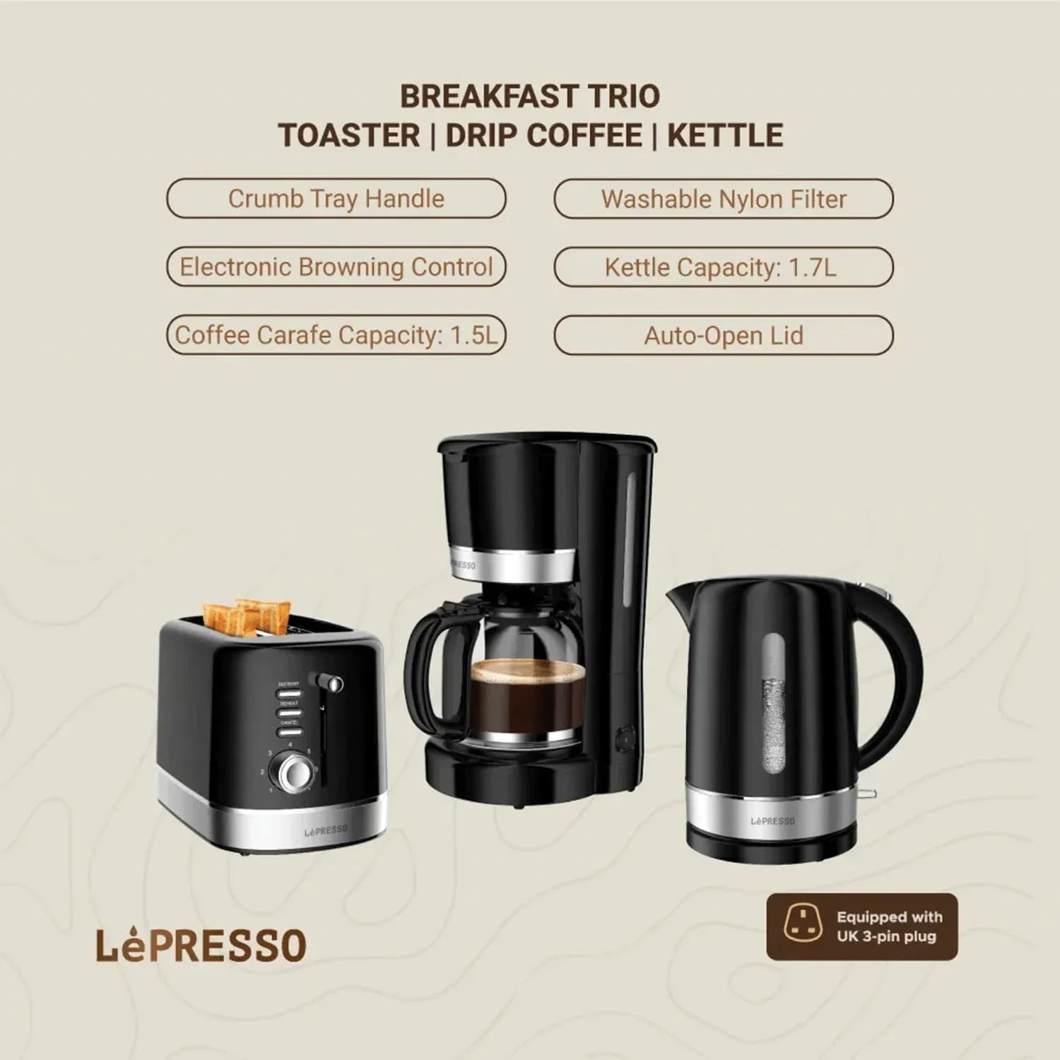 LePresso Breakfast Set - Toaster, 1.7L Kettle & Coffee Maker, Black 5