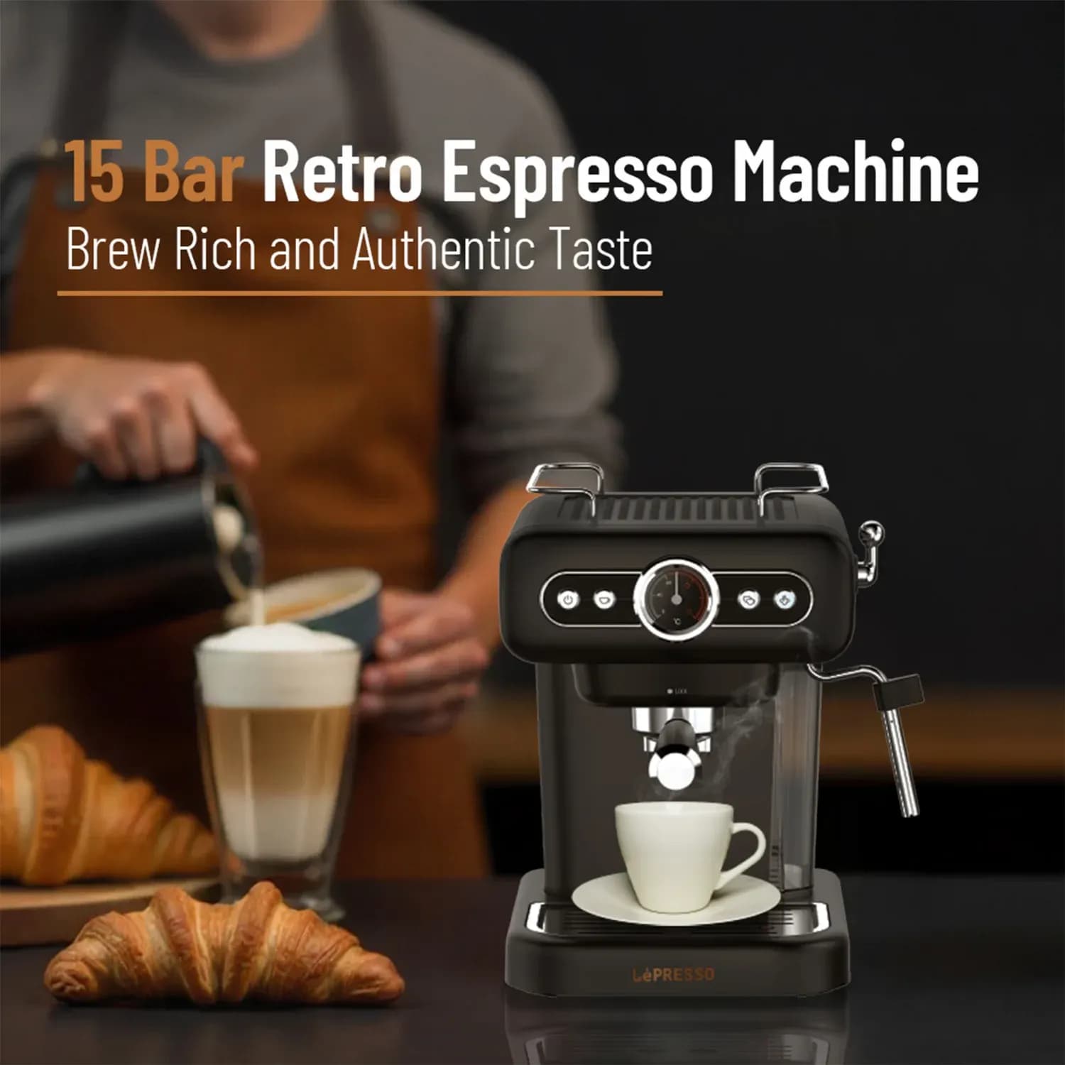 LePresso Espresso Machine with Boiler Gauge & Milk Steamer, - Black 2