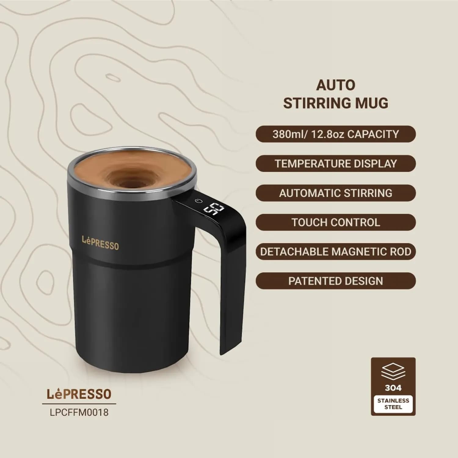 LePresso Auto Stirring Mug - 380ml, Stainless Steel, Black 5