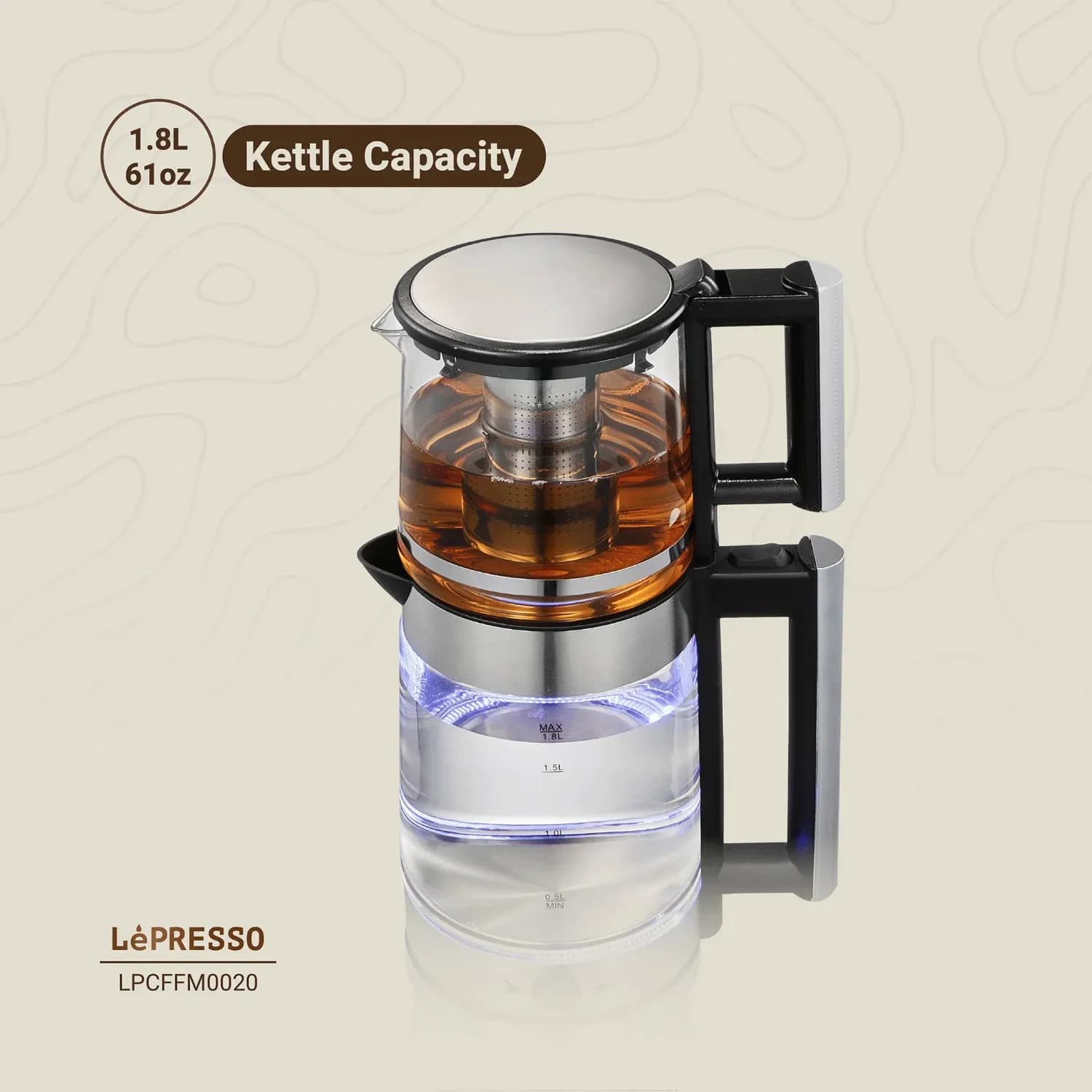 LePresso Turkish Tea Glass Kettle - 1.8L Kettle & 1.2L Teapot, Black 3