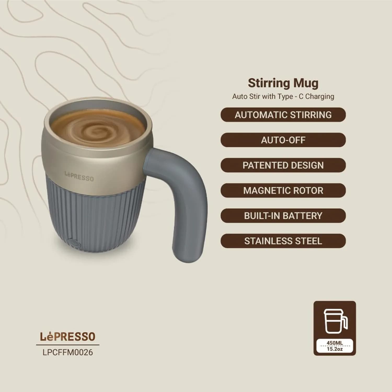 LePresso Stirring Mug - Rechargeable, 450ml Grey 3