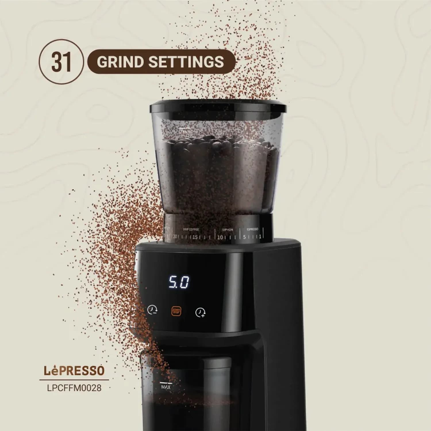 LePresso Coffee Grinder - Digital Weight Control, 60 Settings, Stainless Steel 2