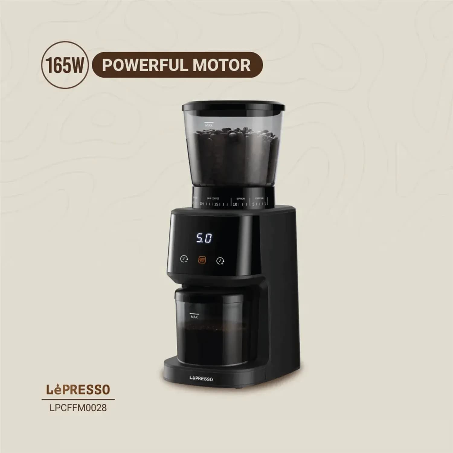 LePresso Coffee Grinder - Digital Weight Control, 60 Settings, Stainless Steel 4