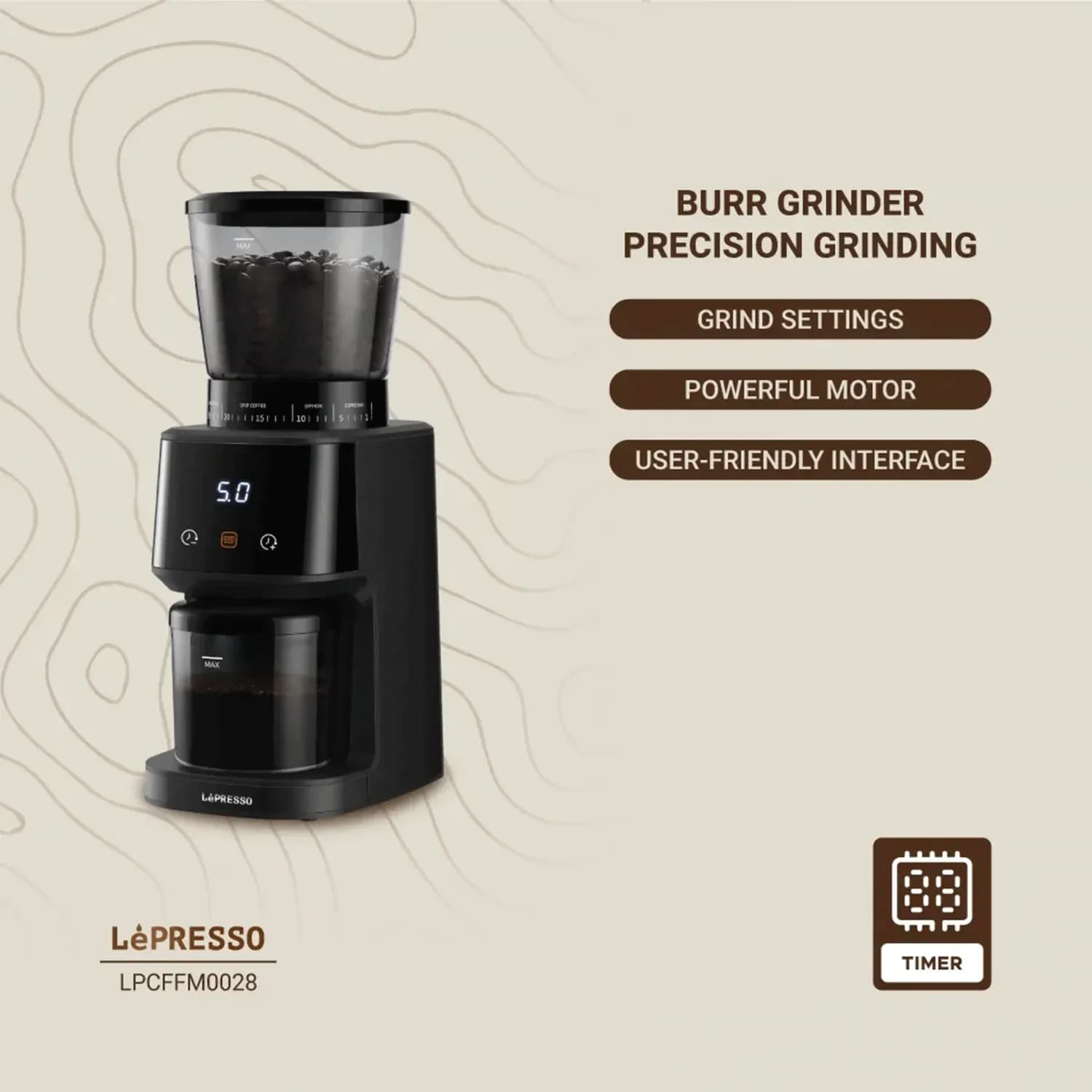 LePresso Coffee Grinder - Digital Weight Control, 60 Settings, Stainless Steel 5
