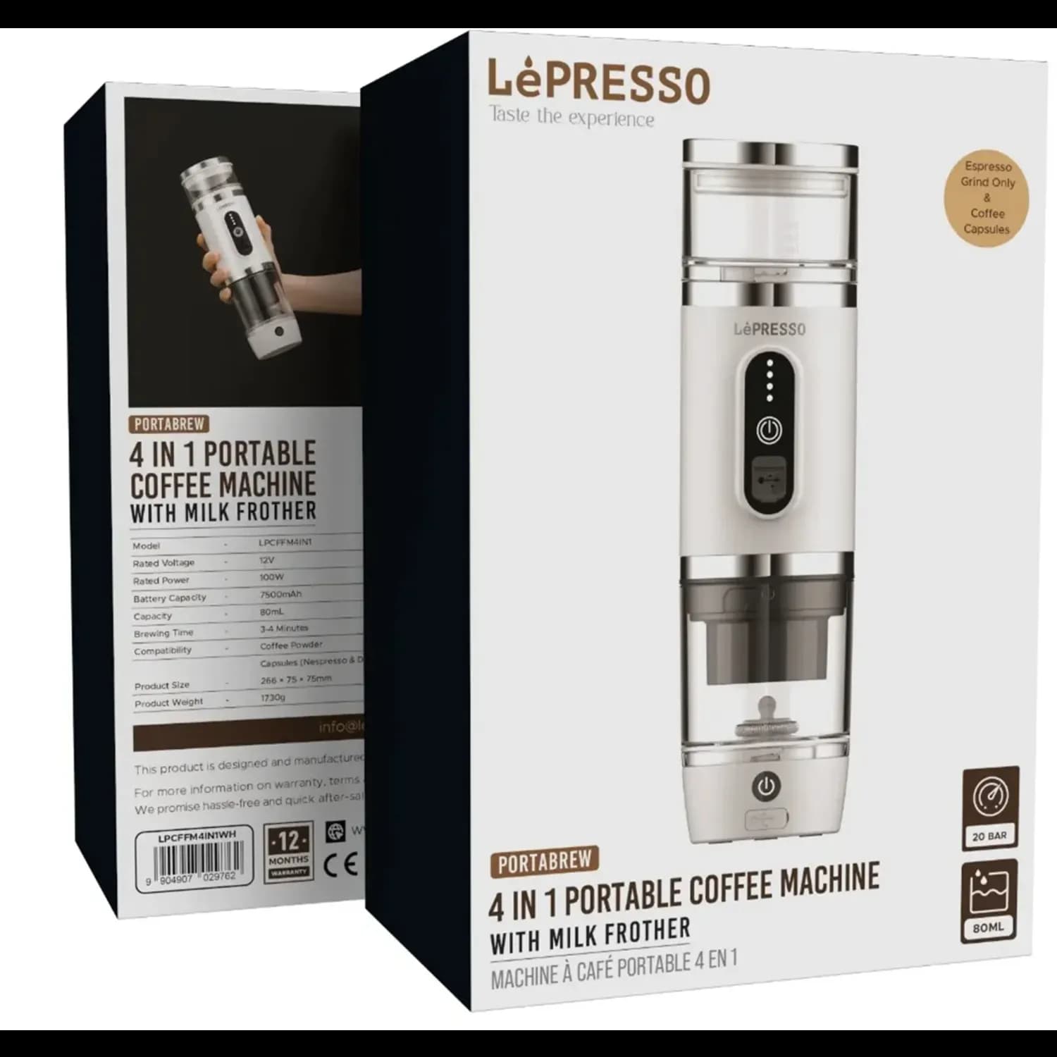 Lepresso Portabrew 4 in 1 Portable Coffee Machine with Milk Frother - White — White 4
