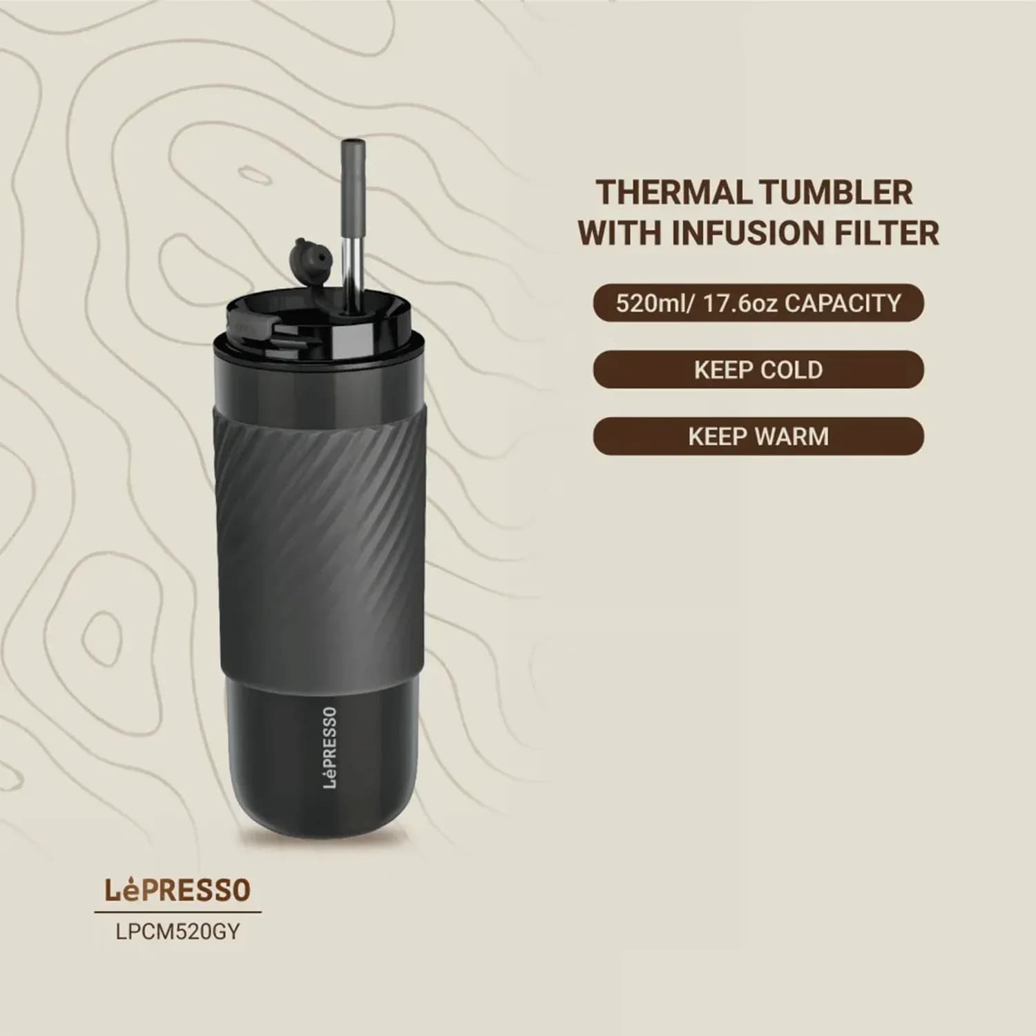 LePresso Thermal Tumbler - Infusion Filter, 520ml, Gray 2