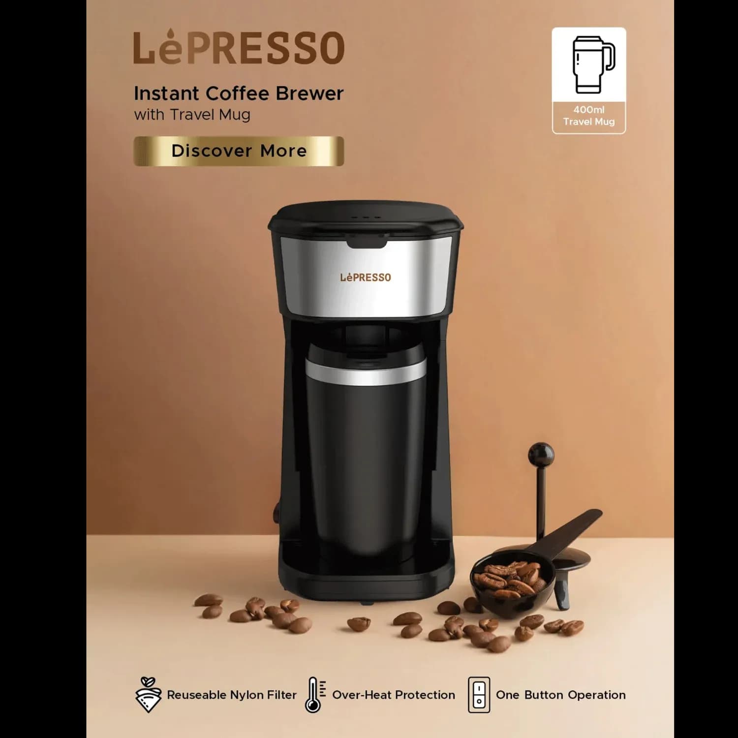 LePresso Coffee Brewer - 400ml Travel Mug, Lightweight, Black 2