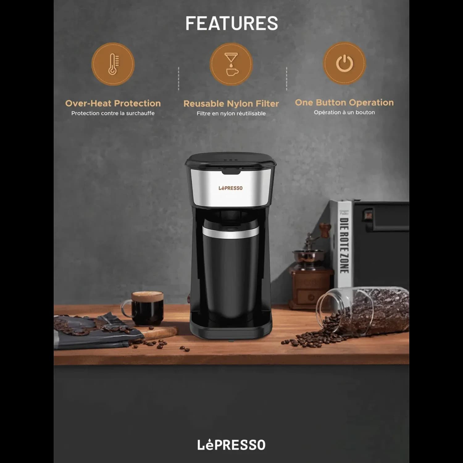 LePresso Coffee Brewer - 400ml Travel Mug, Lightweight, Black 5
