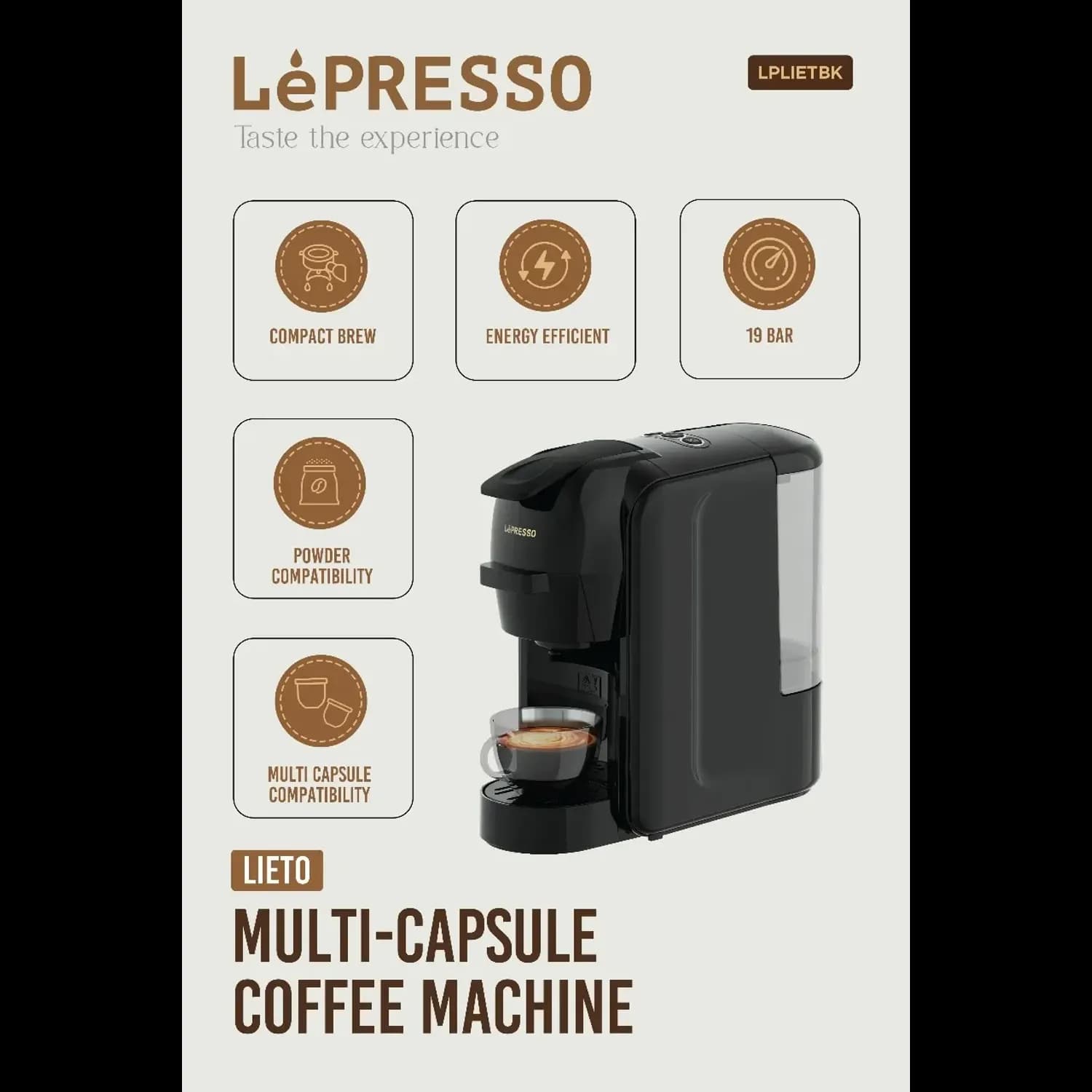 LePresso Coffee Maker LIETO - 3-in-1 Capsule, 19Bar, Black 2