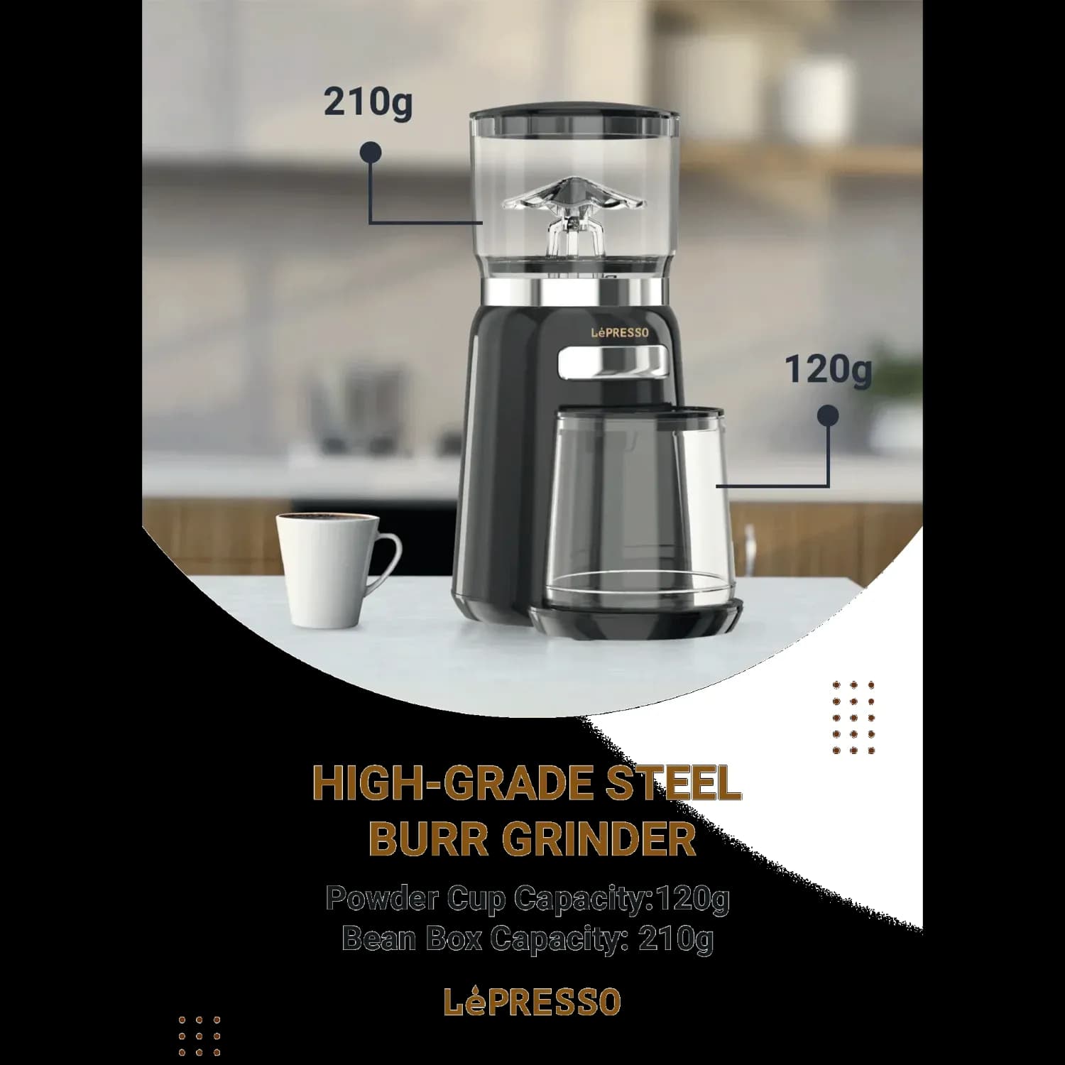 LePresso Coffee Bean Grinder - 20 Grind Sizes, Black 2