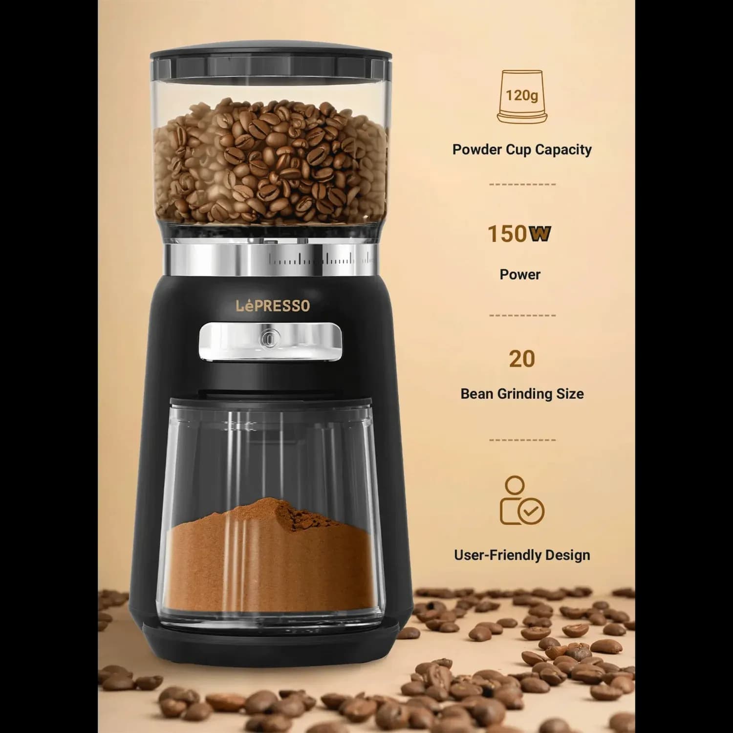LePresso Coffee Bean Grinder - 20 Grind Sizes, Black 4