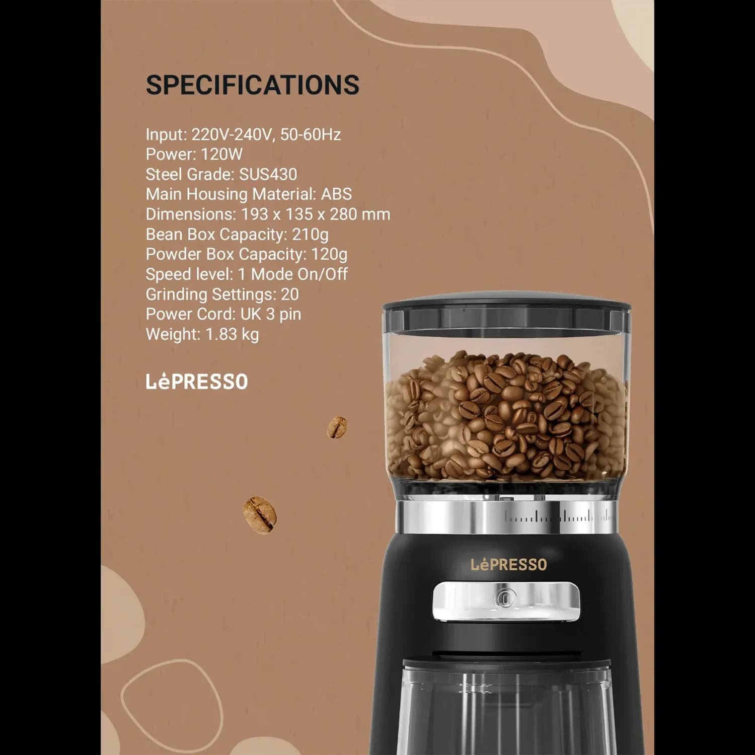 LePresso Coffee Bean Grinder - 20 Grind Sizes, Black 5