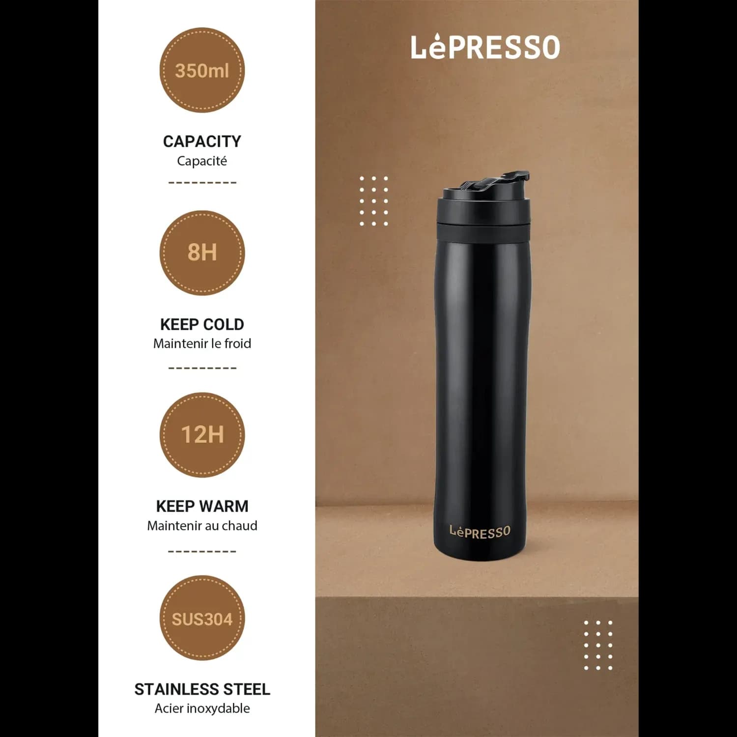 LePresso French Press - Portable Stainless Steel, Black 4